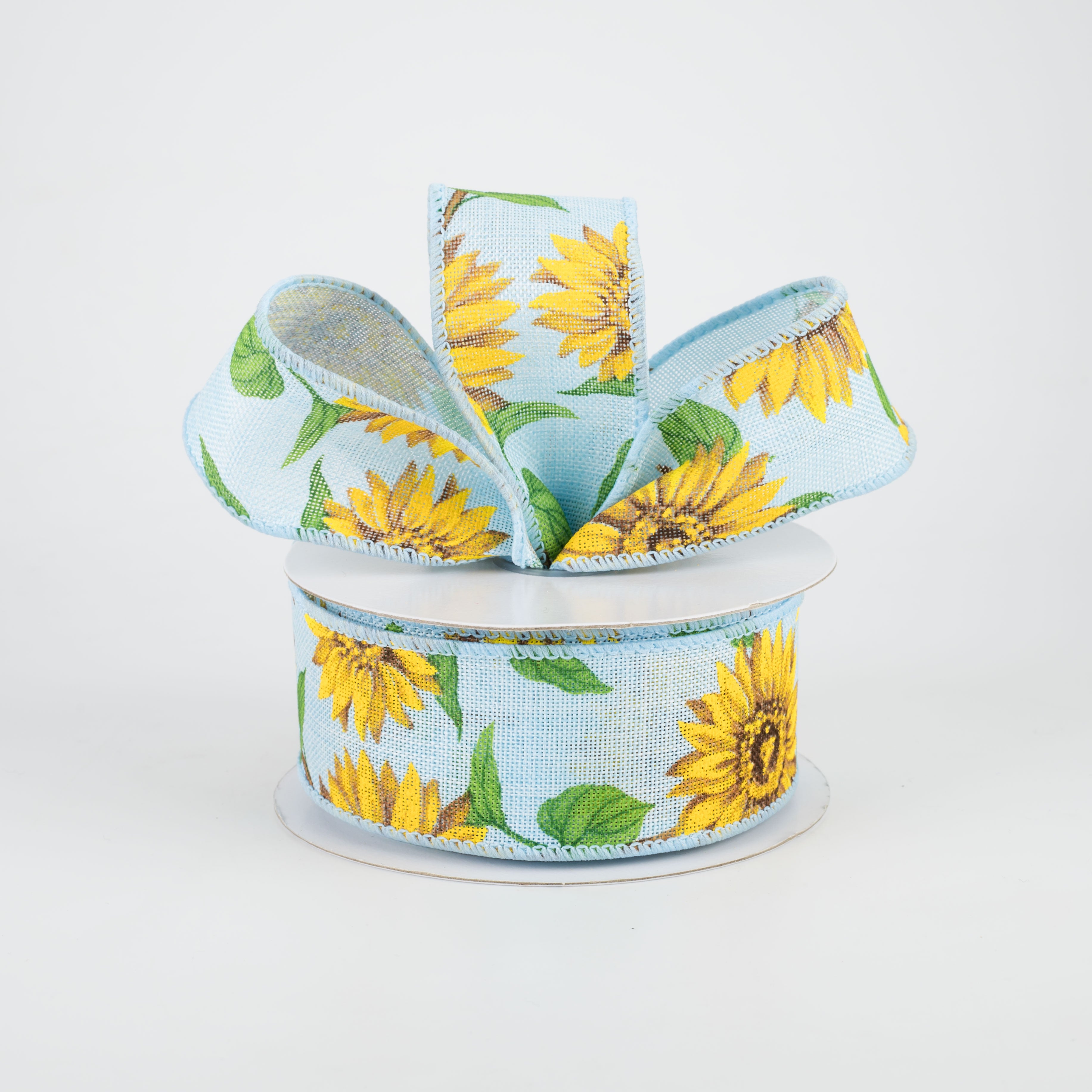 1.5" Linen Sunflower Ribbon: Light Blue (10 Yards) Lifestyle Photo
