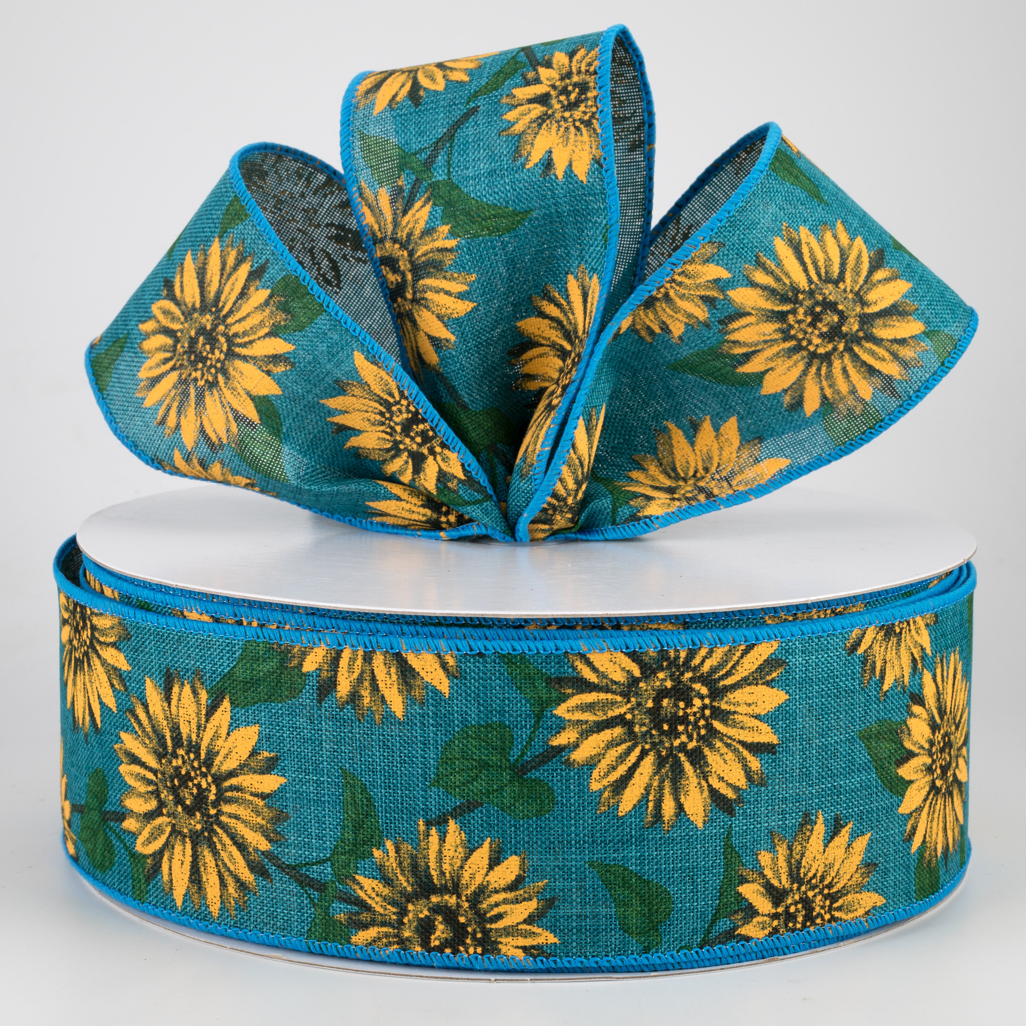 2.5" Linen Sunflower Ribbon: Teal (50 Yards) Lifestyle Photo