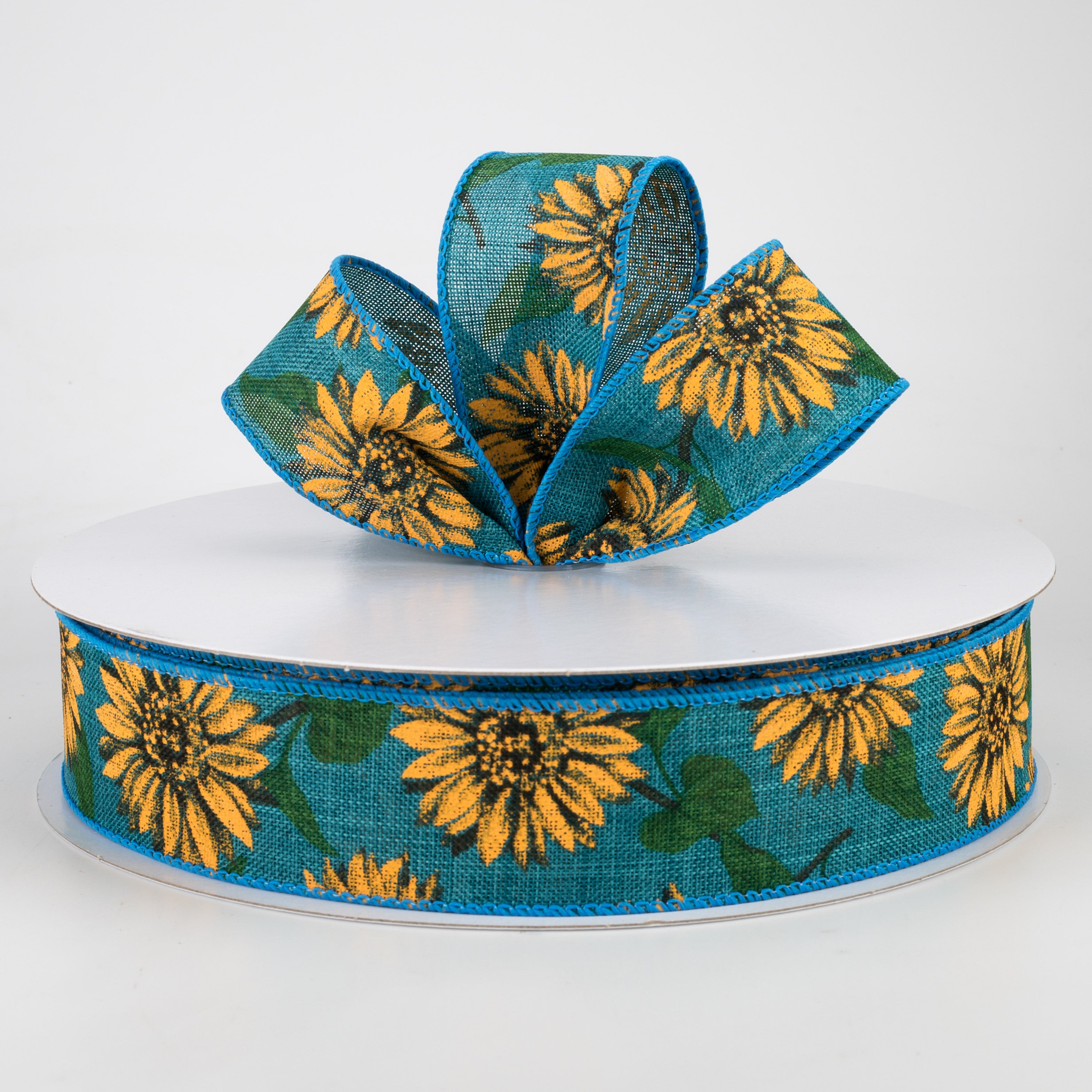 1.5" Linen Sunflower Ribbon: Teal (50 Yards) Lifestyle Photo