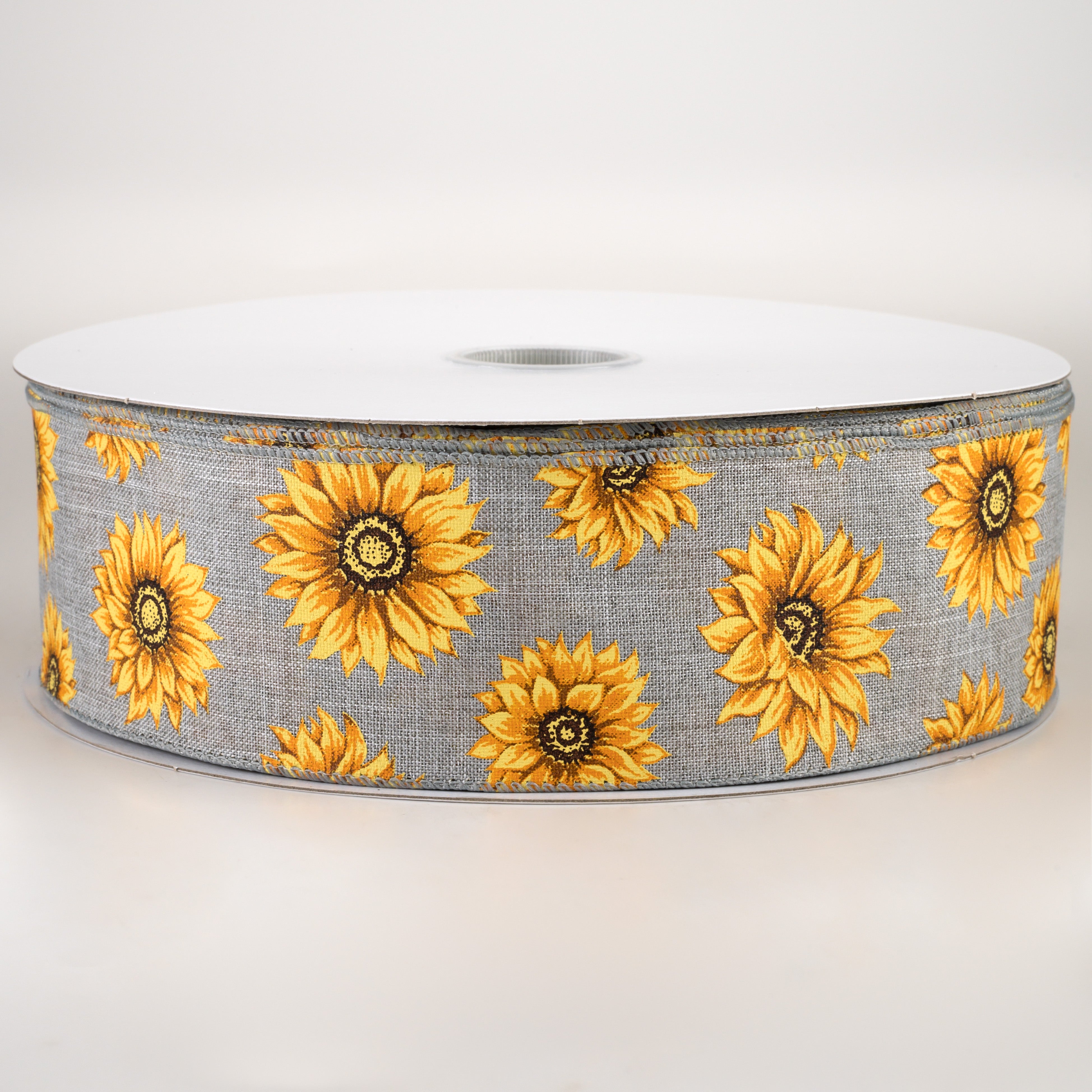 2.5" Linen Sunflowers Ribbon: Grey (50 Yards)