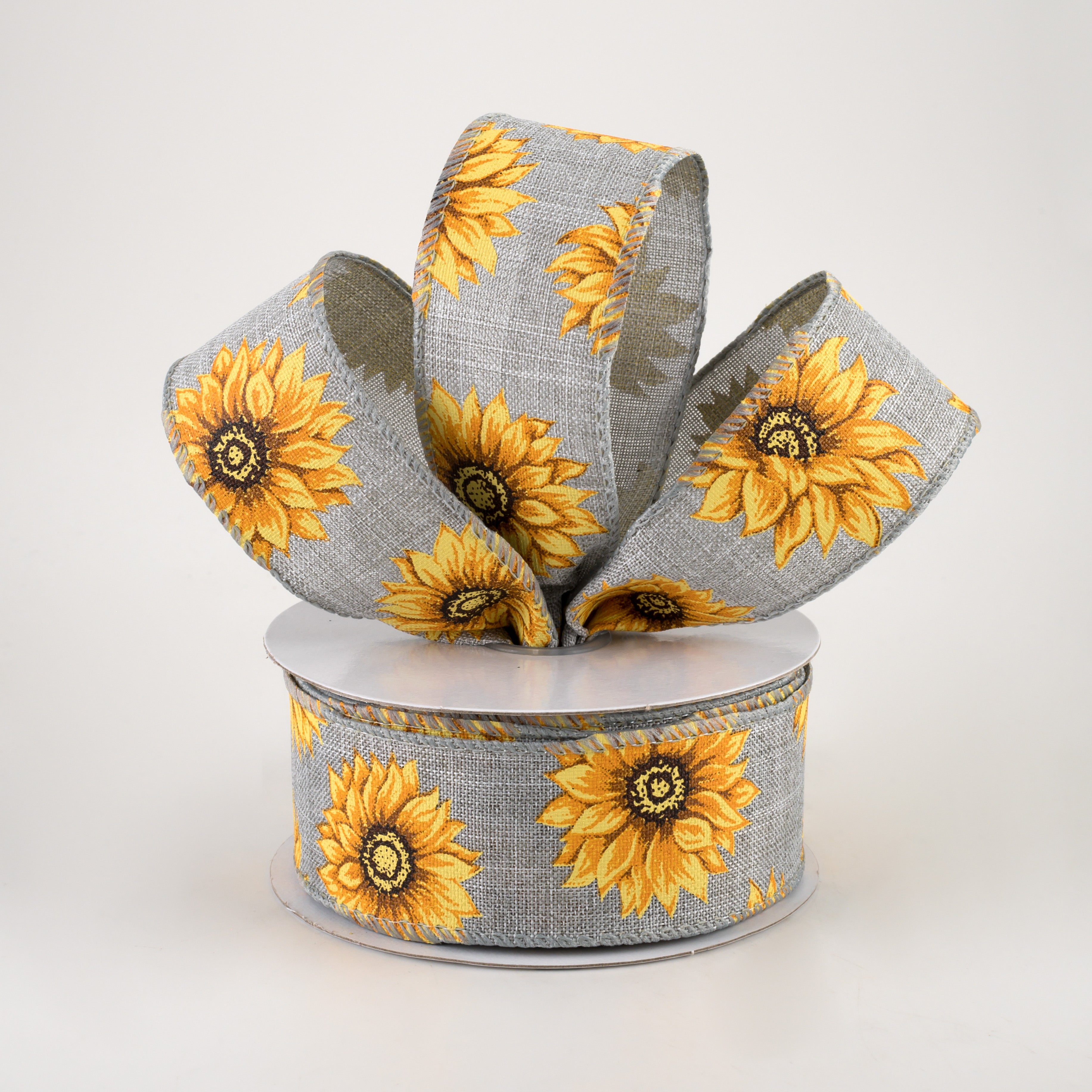 1.5" Linen Sunflowers Ribbon: Grey (10 Yards) Lifestyle Photo