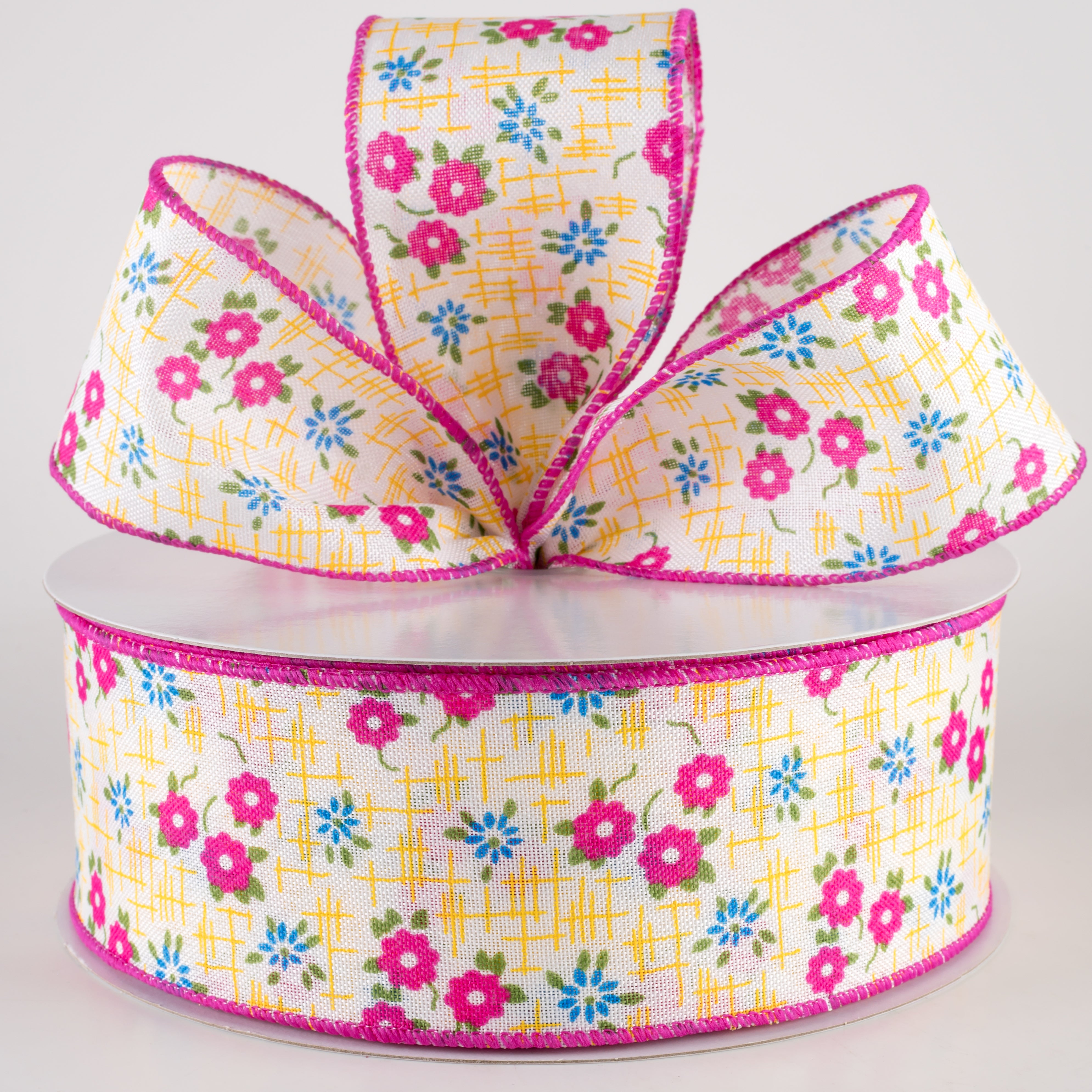 2.5" Linen Textured Flowers Ribbon: Fuchsia Pink, Yellow, Blue (50 Yards) Lifestyle Photo