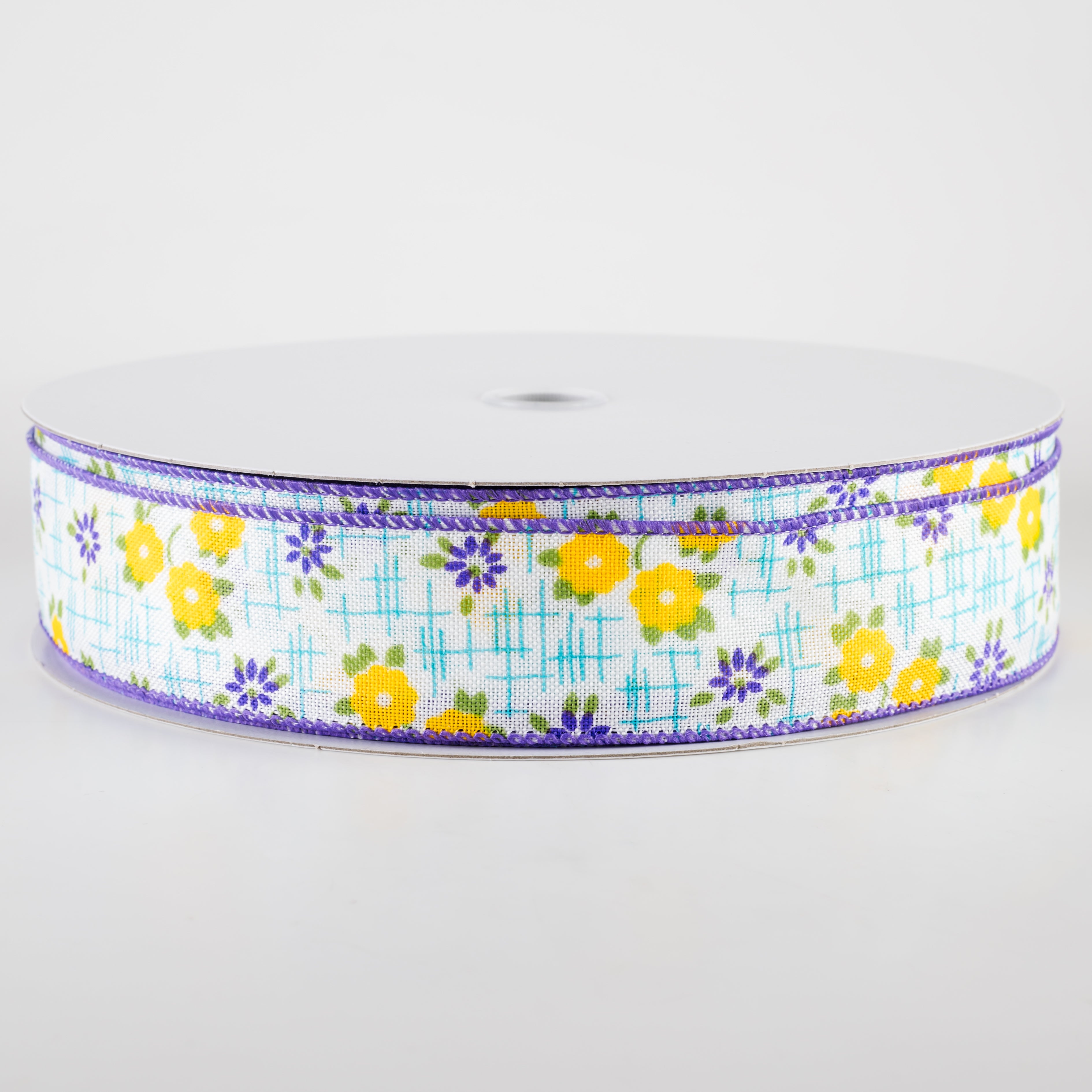 1.5" Linen Textured Flowers Ribbon: Purple, Yellow, Aqua Blue (50 Yards) Item Number: 841-09-438