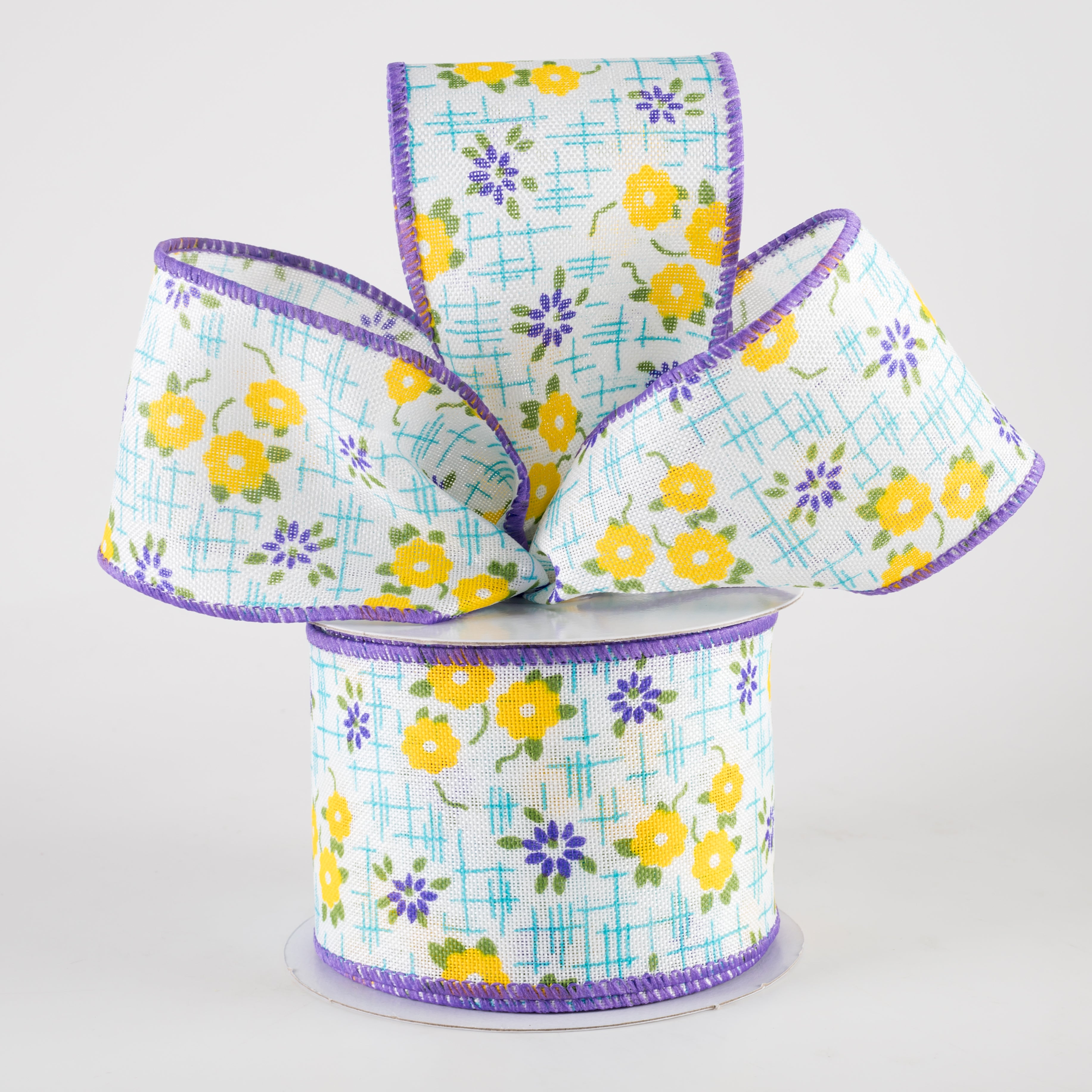 2.5" Linen Textured Flowers Ribbon: Purple, Yellow, Aqua Blue (10 Yards) Lifestyle Photo