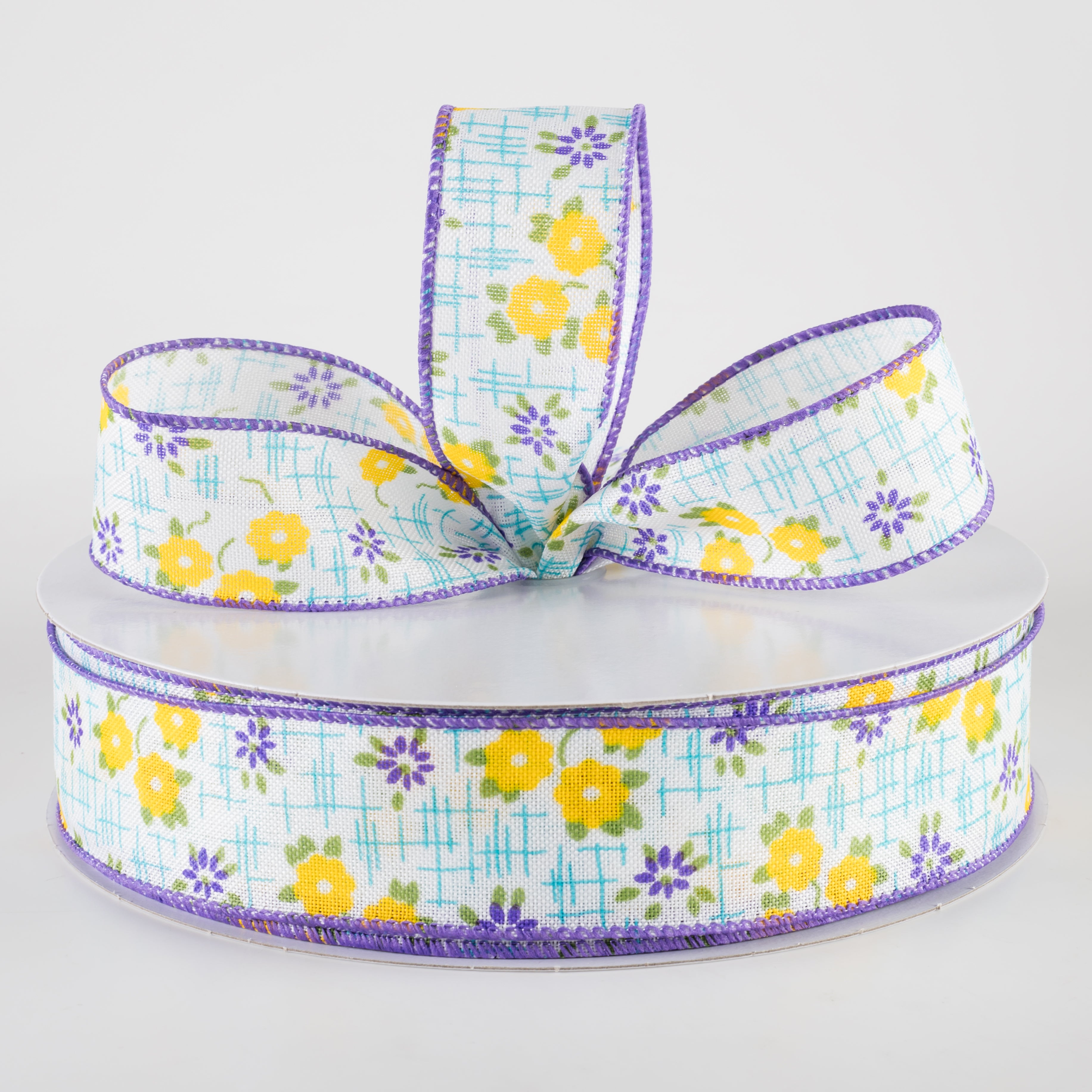 1.5" Linen Textured Flowers Ribbon: Purple, Yellow, Aqua Blue (50 Yards) Lifestyle Photo