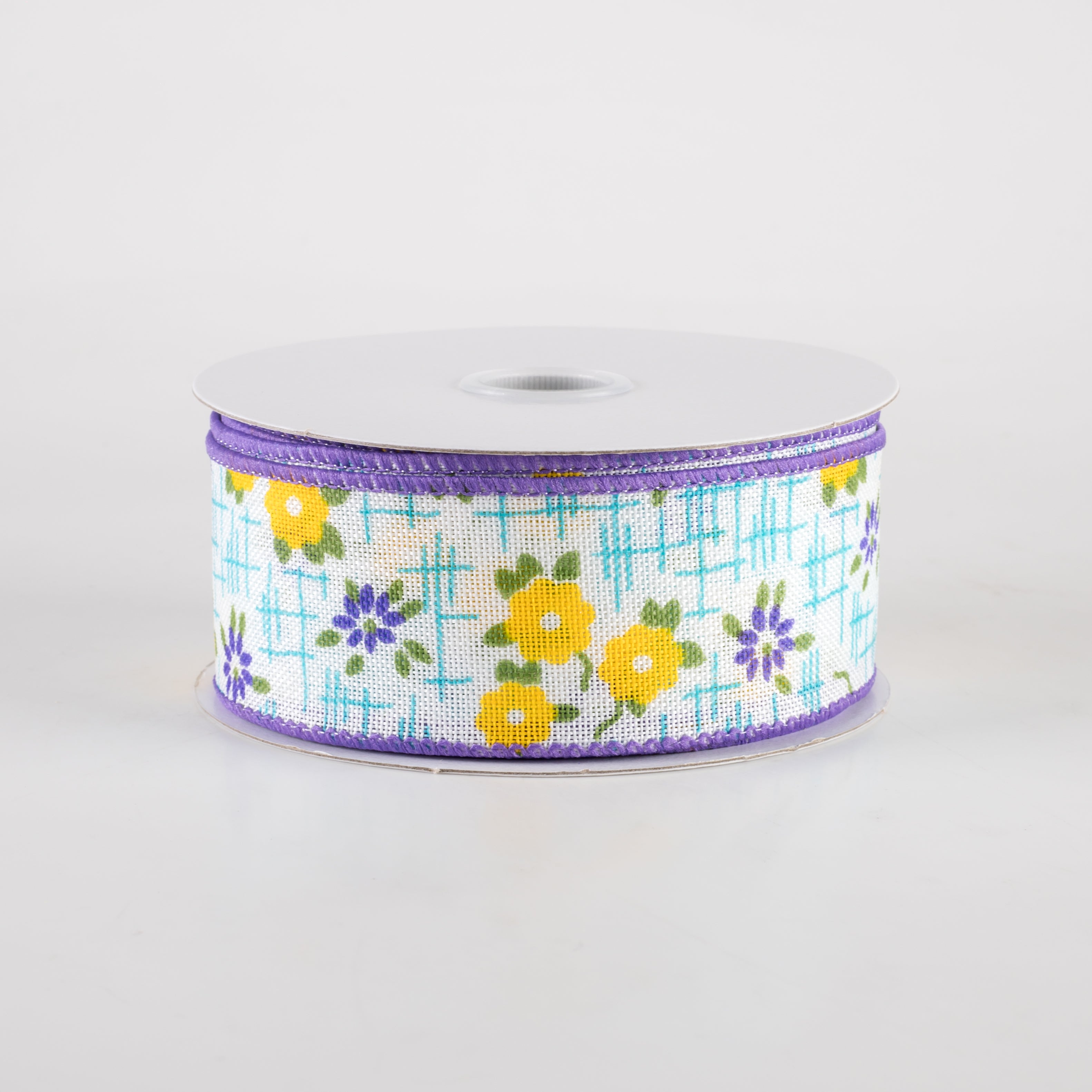 1.5" Linen Textured Flowers Ribbon: Purple, Yellow, Aqua Blue (10 Yards) Item Number: 42415-09-48