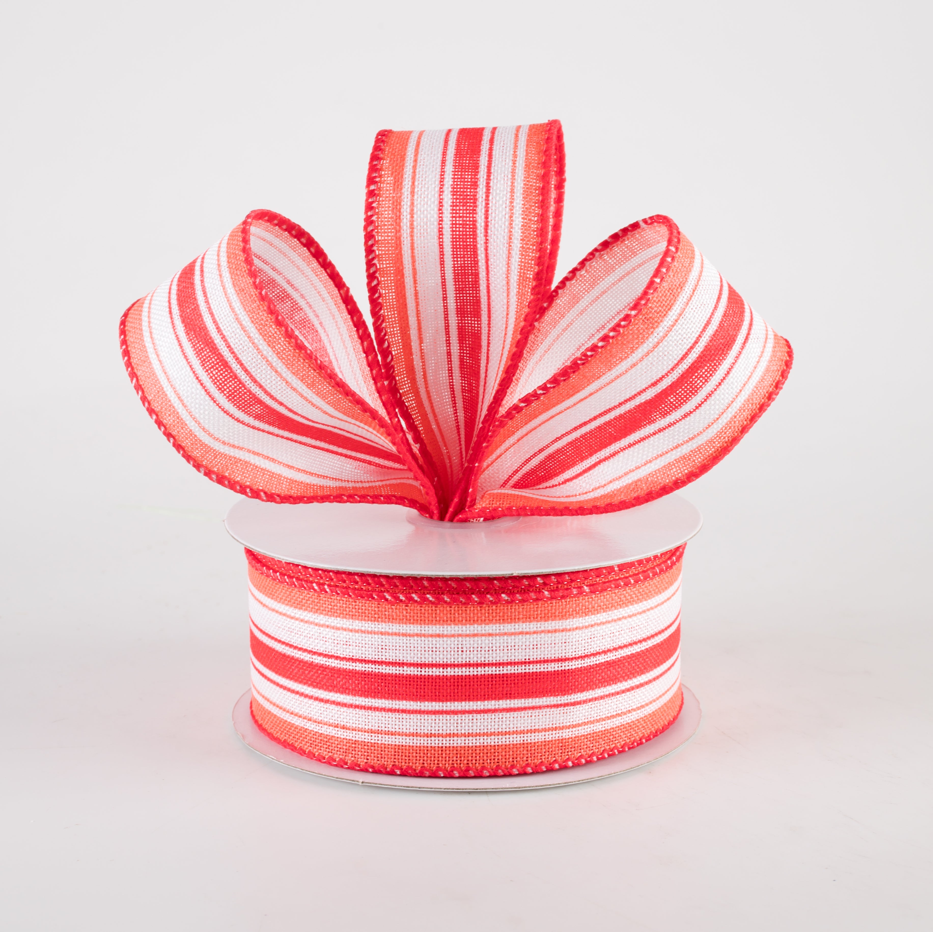 1.5" Linen Ticking Stripes Ribbon: White, Coral, Melon (10 Yards) Lifestyle Photo