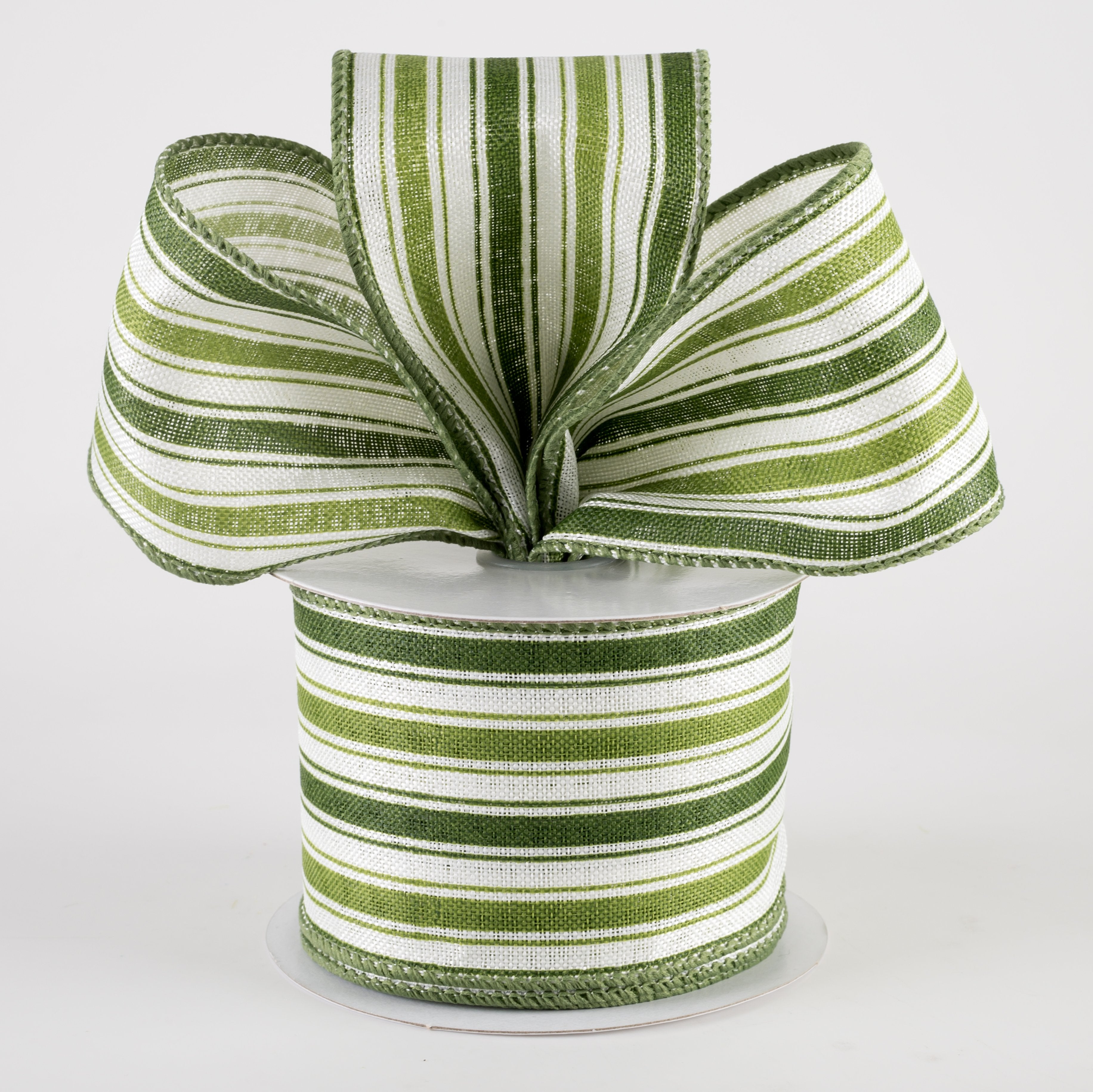 2.5" Linen Ticking Stripes Ribbon: White, Sage Green, Willow (10 Yards) Lifestyle Photo