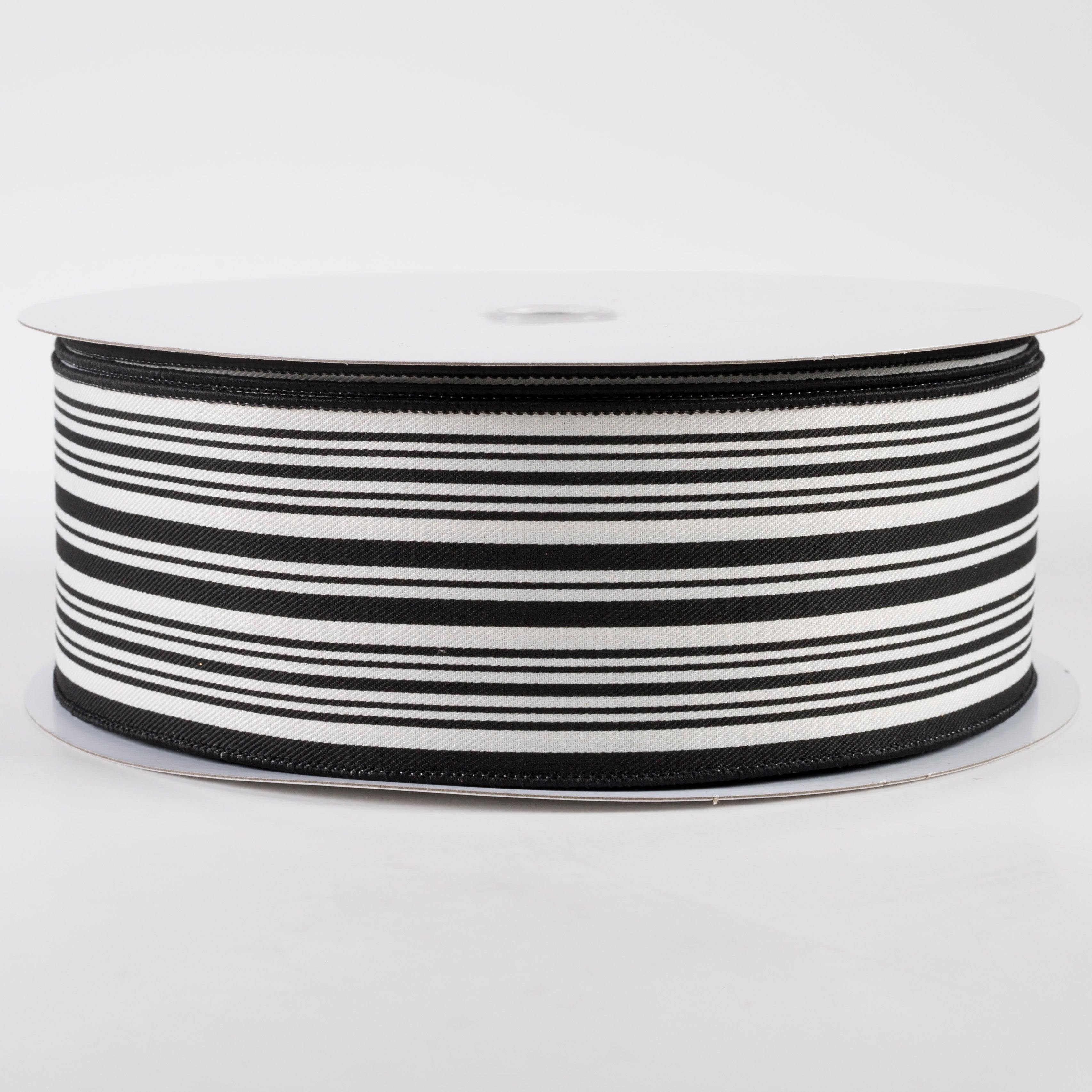 2.5" Linen Varied Vertical Stripes Ribbon: Black & Ivory (50 Yards)