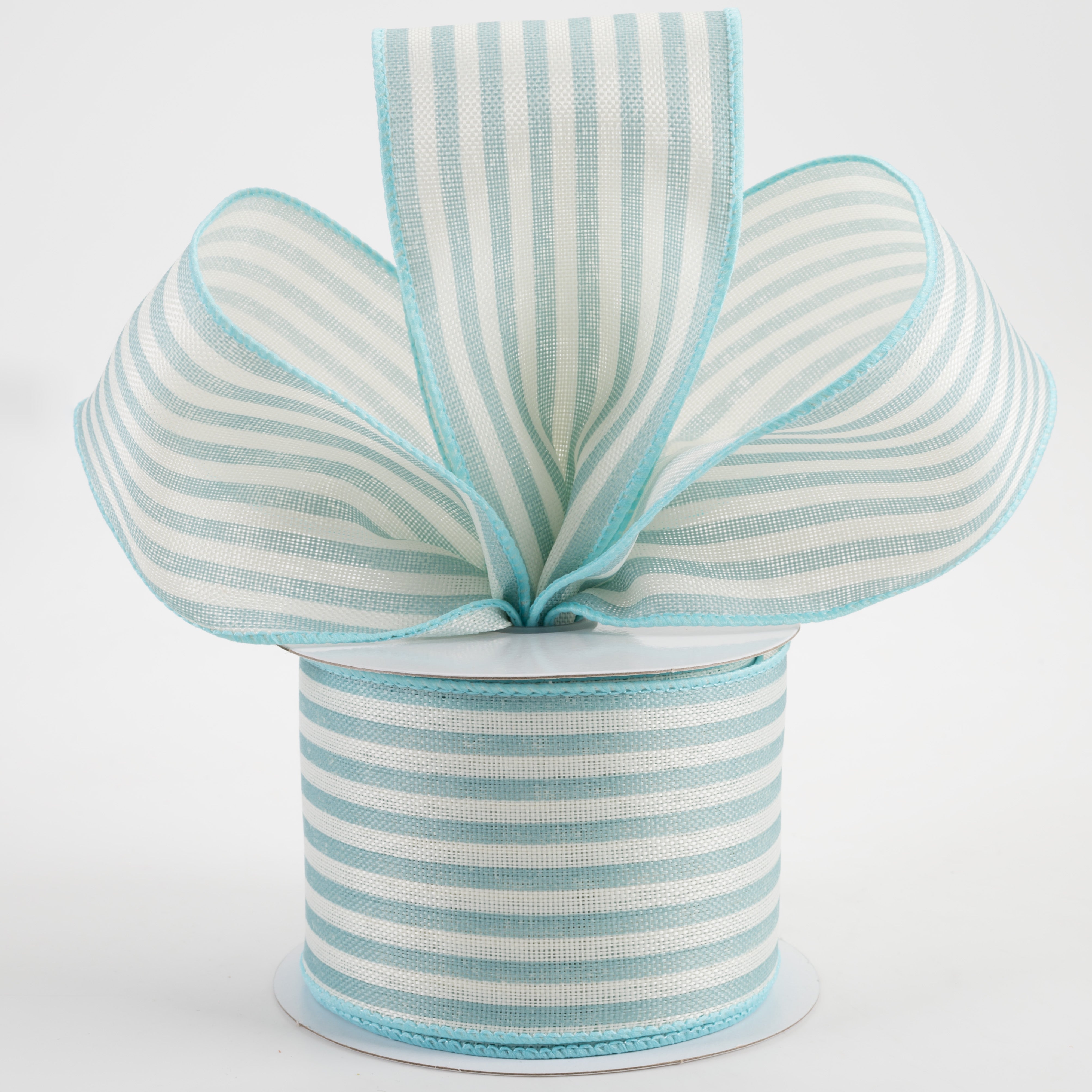 2.5" Linen Vertical Stripes Ribbon: Teal Blue on Ivory (10 Yards) Lifestyle Photo