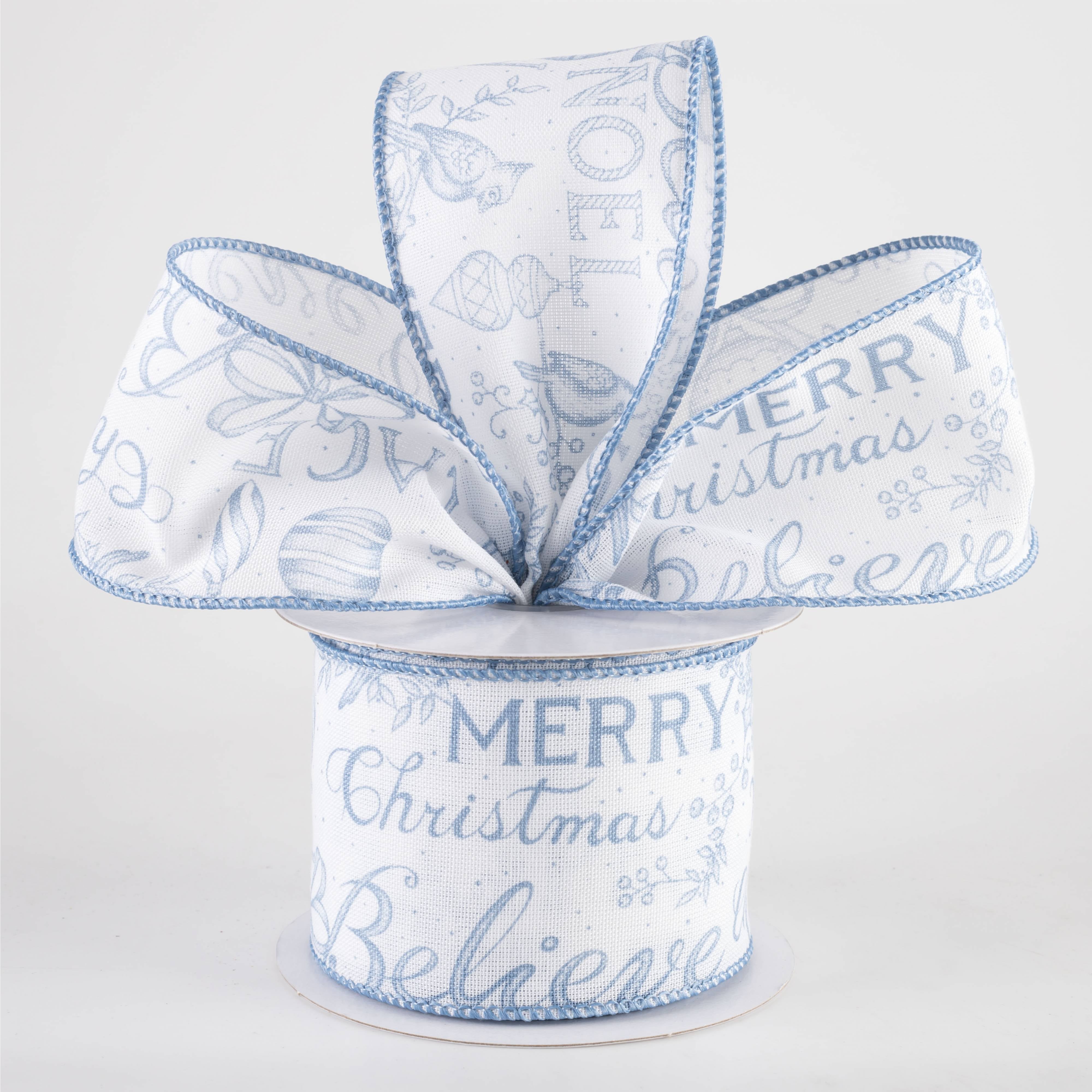 2.5" Linen Vintage Christmas Script Ribbon: Dusty Blue (10 Yards) Lifestyle Photo