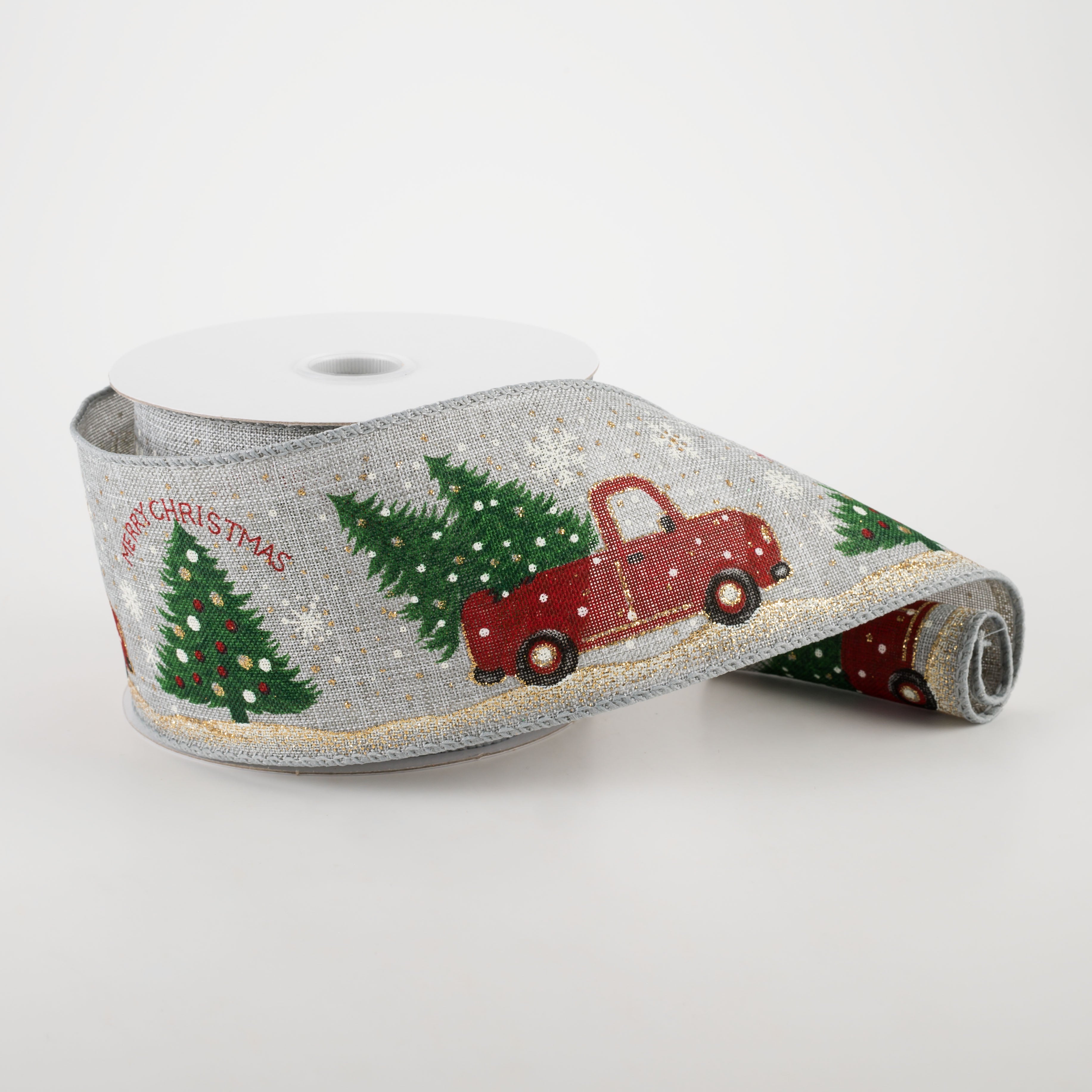 2.5" Linen Vintage Red Tree Truck Ribbon: Grey (10 Yards) Lifestyle Photo