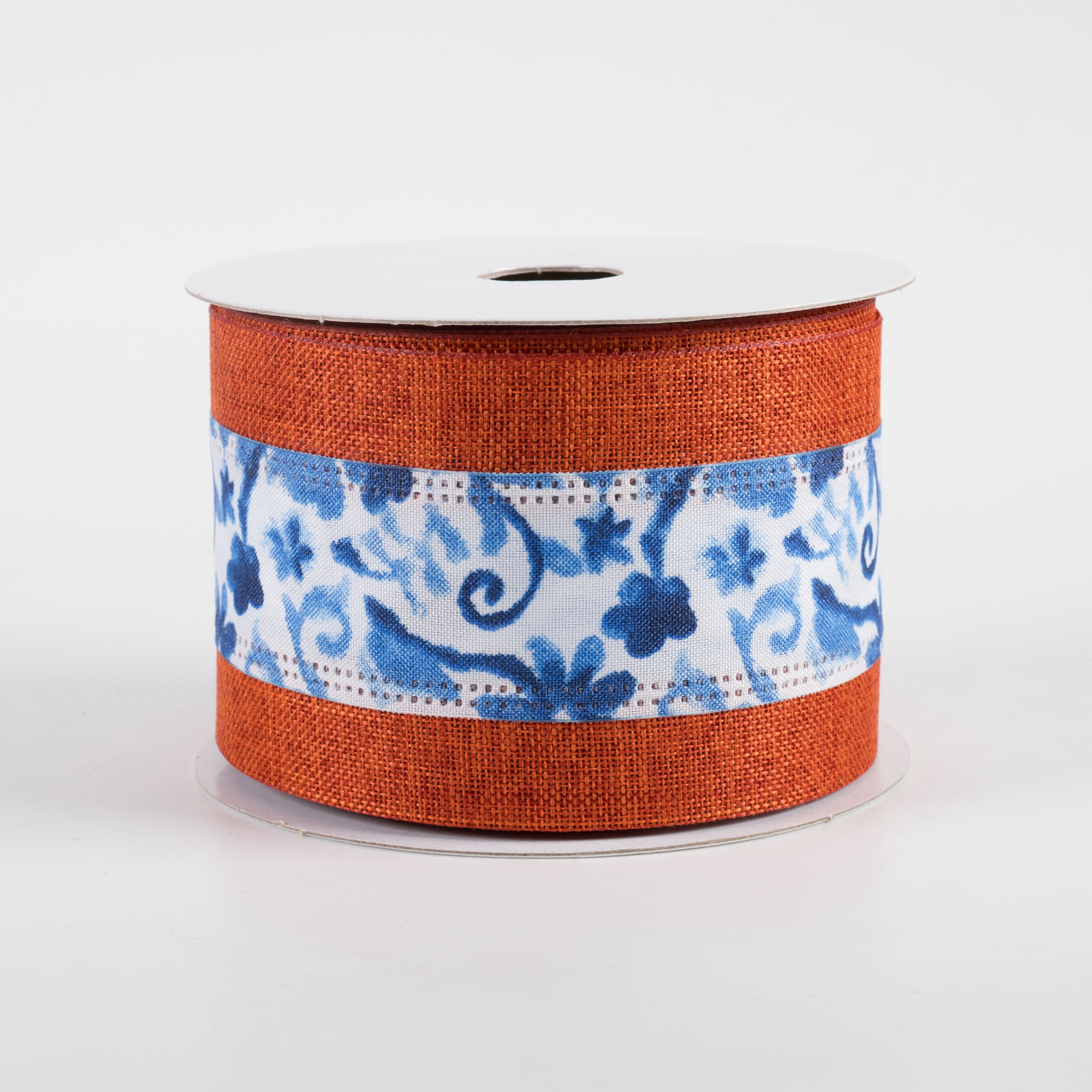2.5" Linen Watercolor Flower Branches Ribbon: Orange Edge (10 Yards)