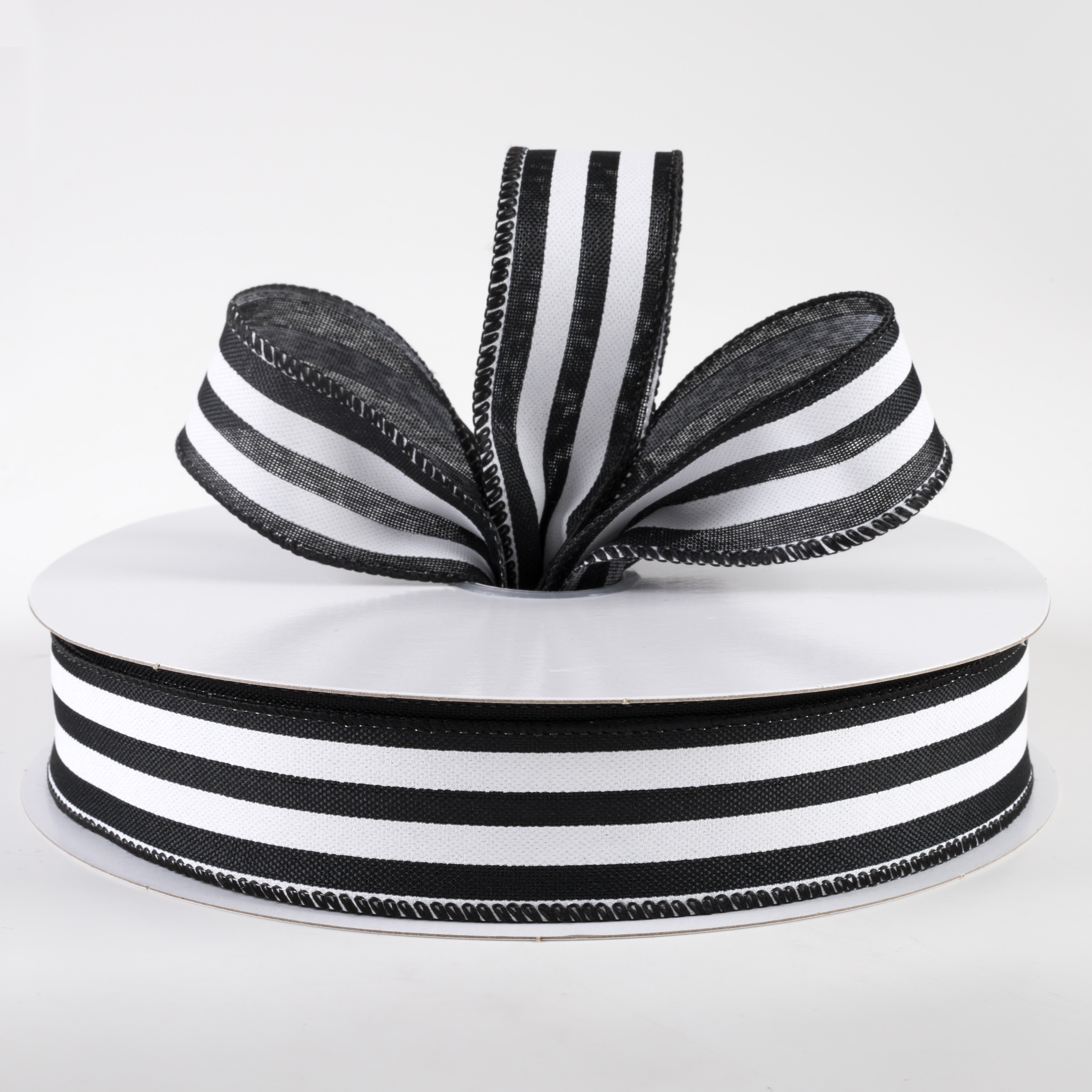 1.5" Linen Wide Cabana Stripes Ribbon: Black & White (50 Yards) Lifestyle Photo