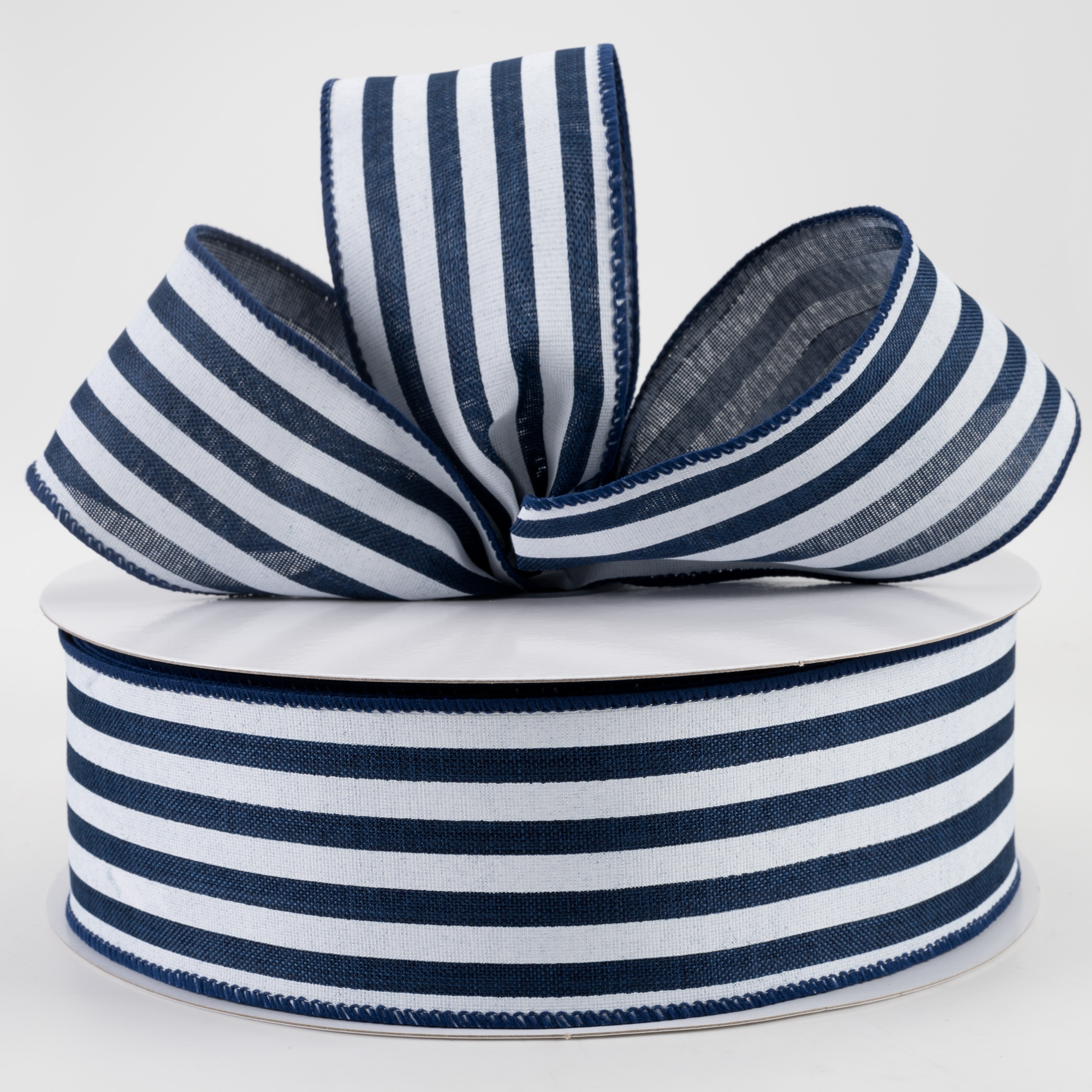 2.5" Linen Wide Cabana Stripes Ribbon: Navy & White (50 Yards) Lifestyle Photo