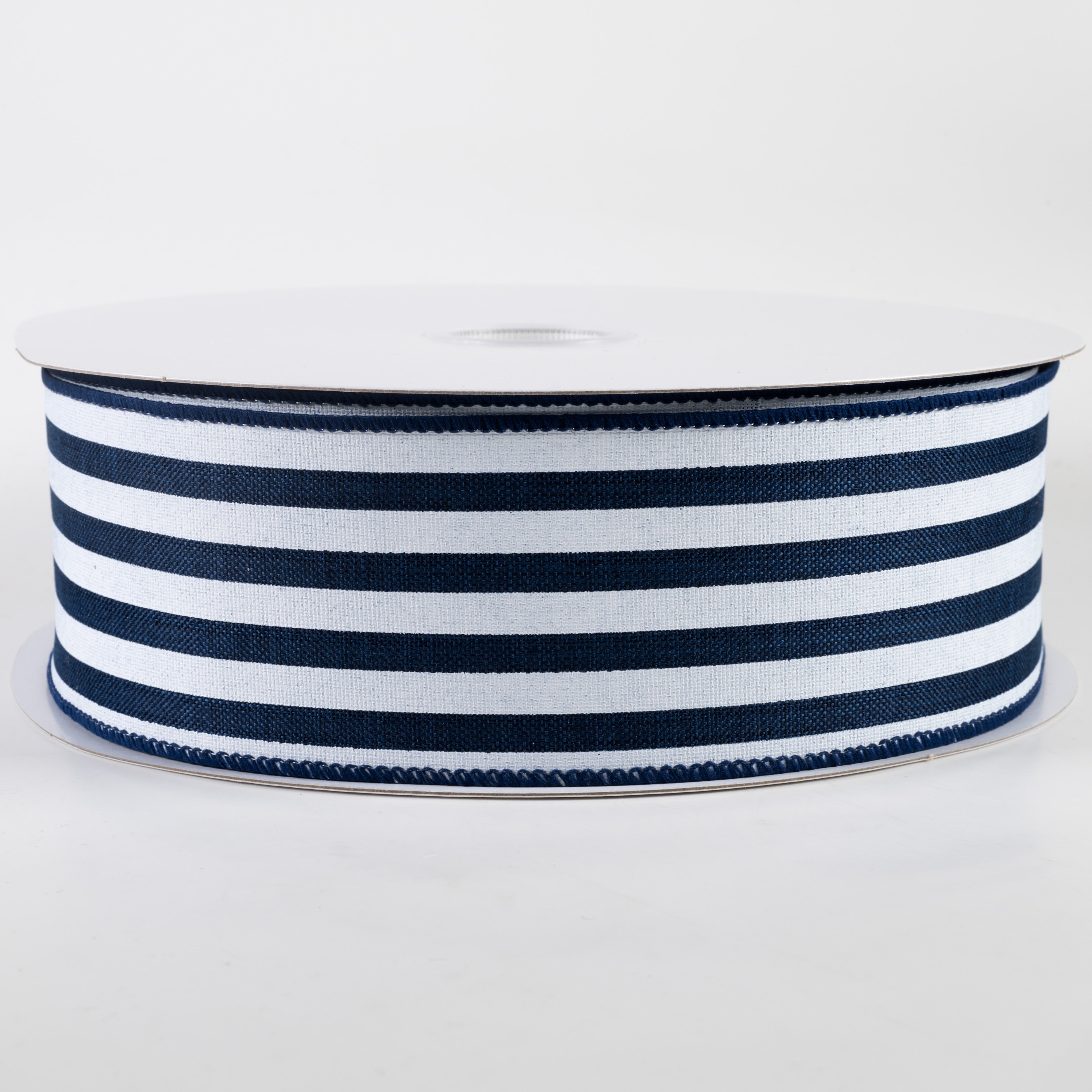2.5" Linen Wide Cabana Stripes Ribbon: Navy & White (50 Yards)