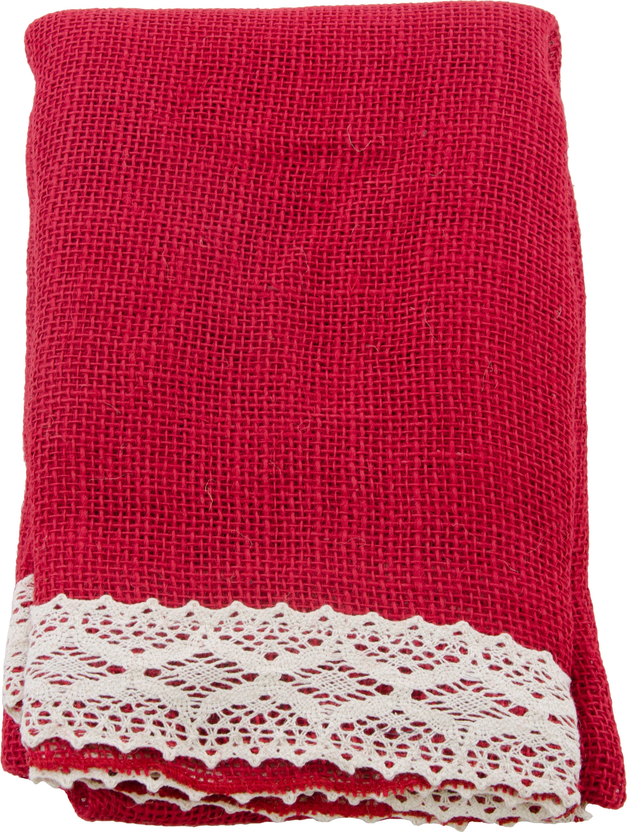 54" Loose Weave Burlap & Lace Table Topper: Red, Natural Lifestyle Photo