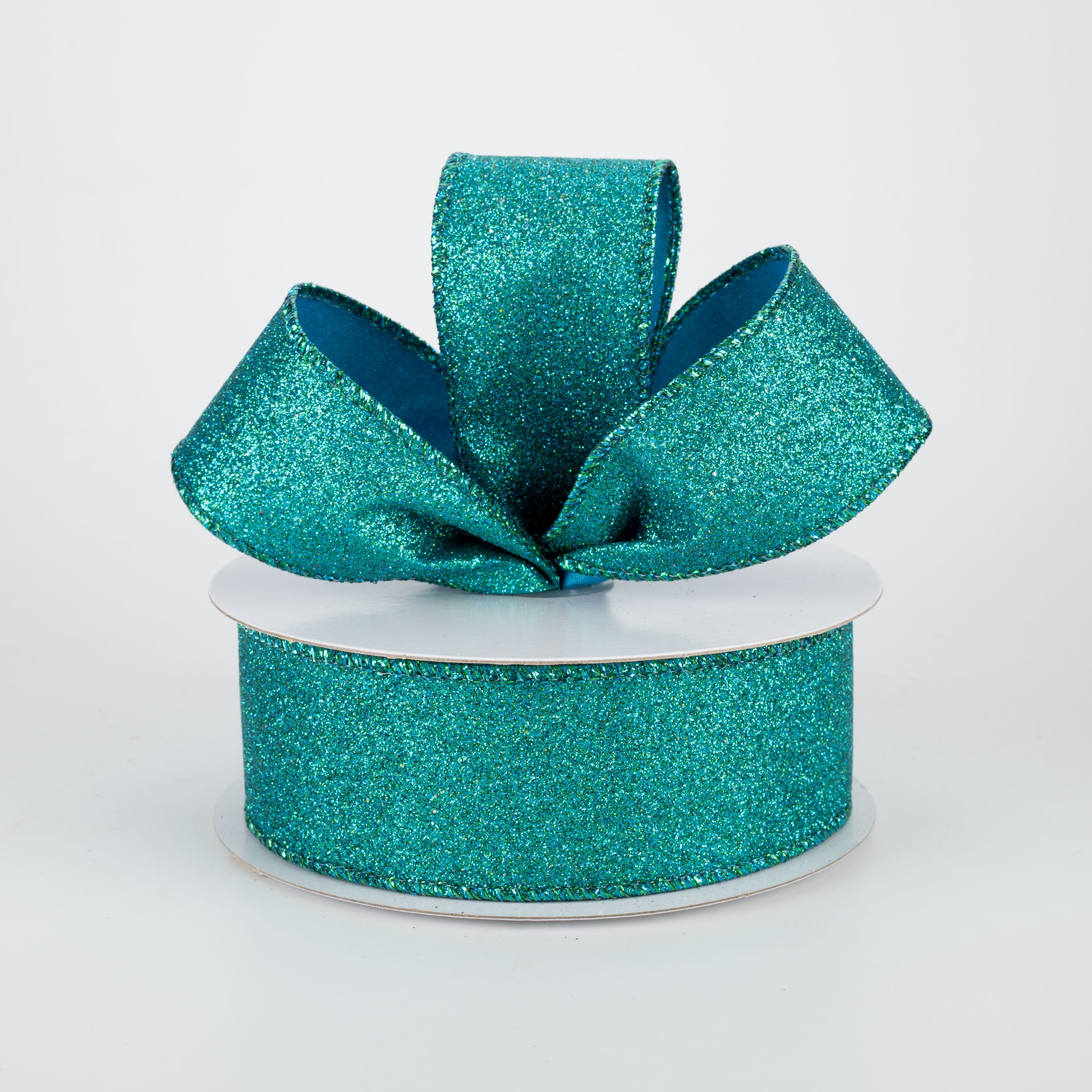 1.5" Lustrous All Flat Glitter Ribbon: Peacock Blue (10 Yards) Lifestyle Photo