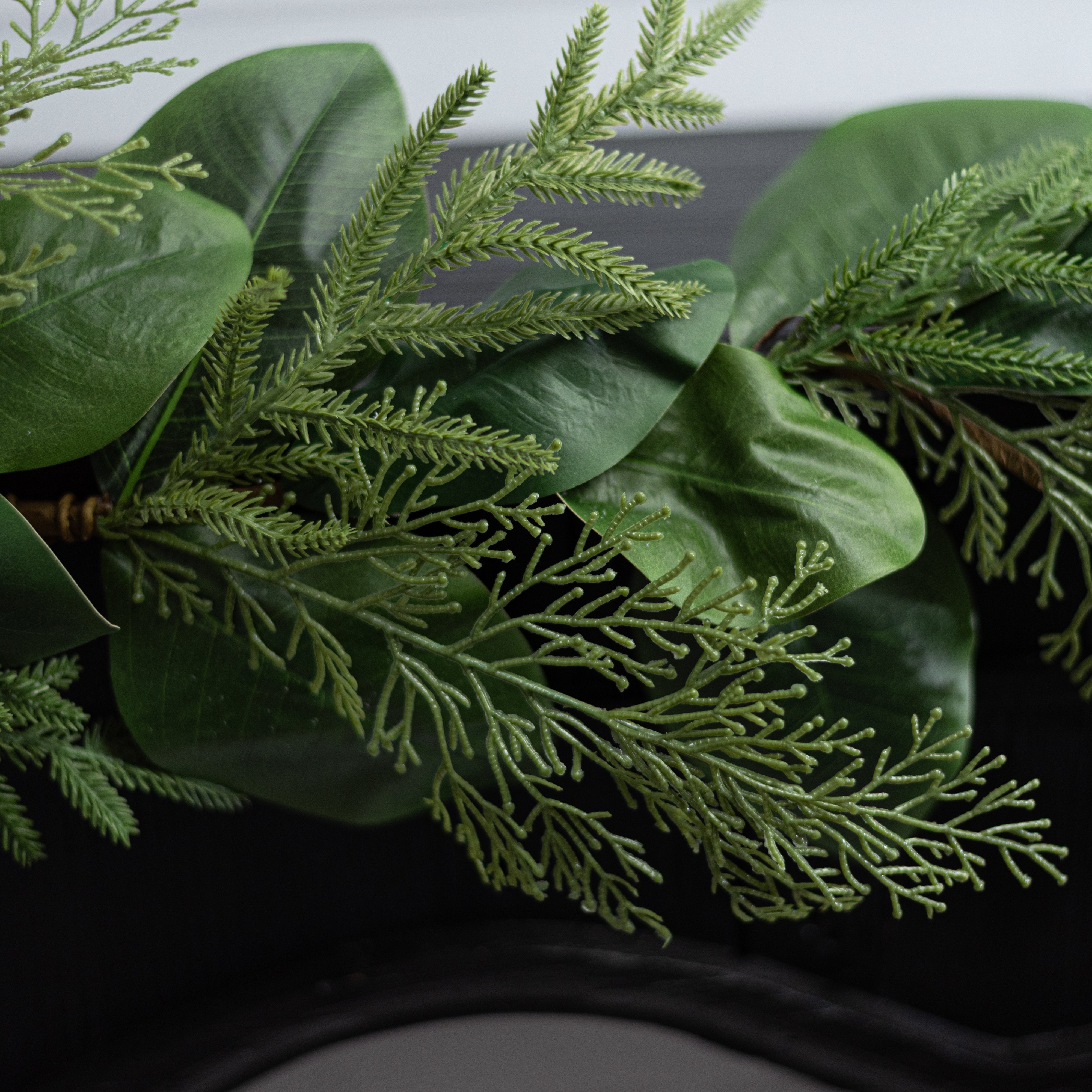 5' Magnolia Leaves with Norfolk & Cedar Pine Garland detail photo 7