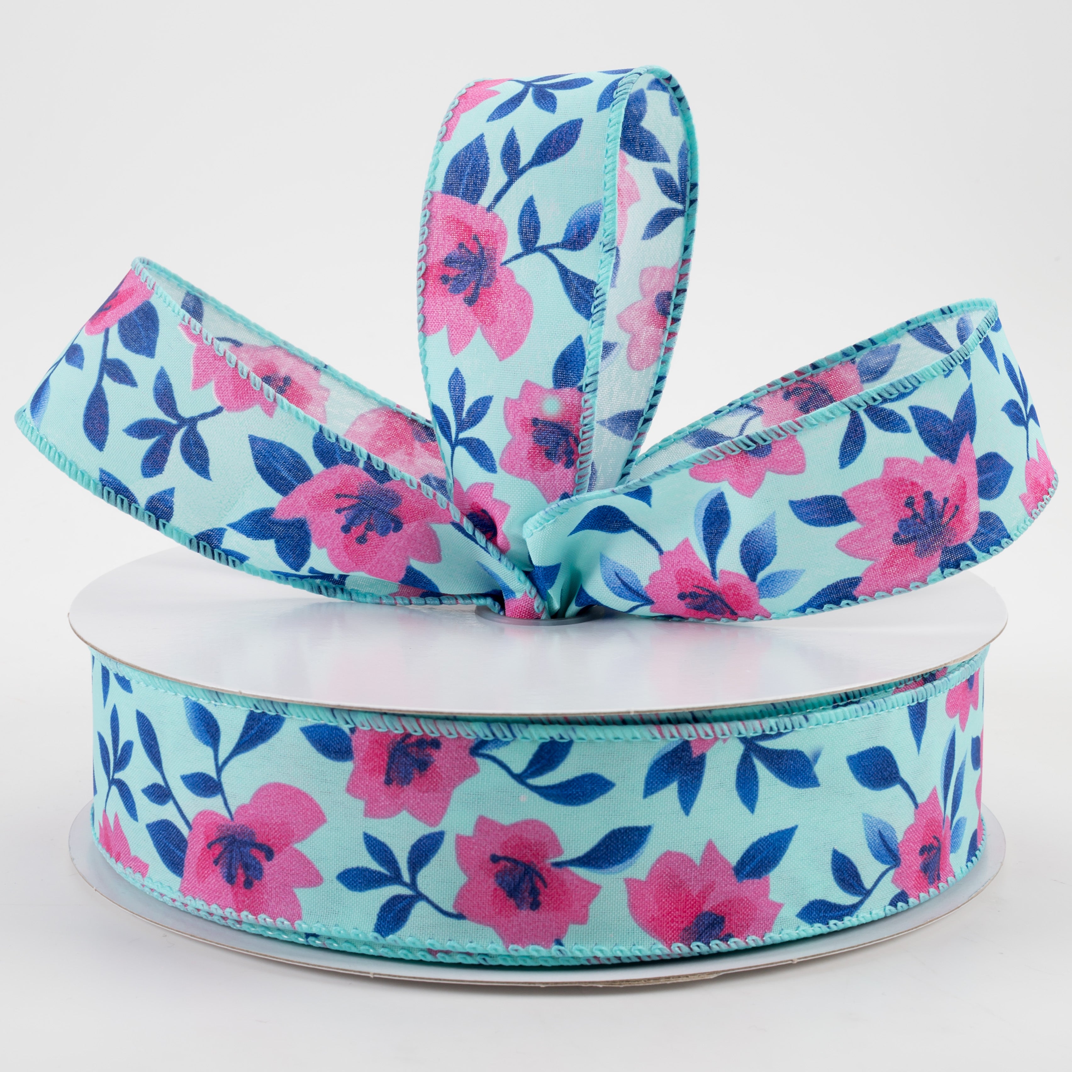 1.5" Magnolias Satin Ribbon: Aqua & Fuchsia (50 Yards) Lifestyle Photo