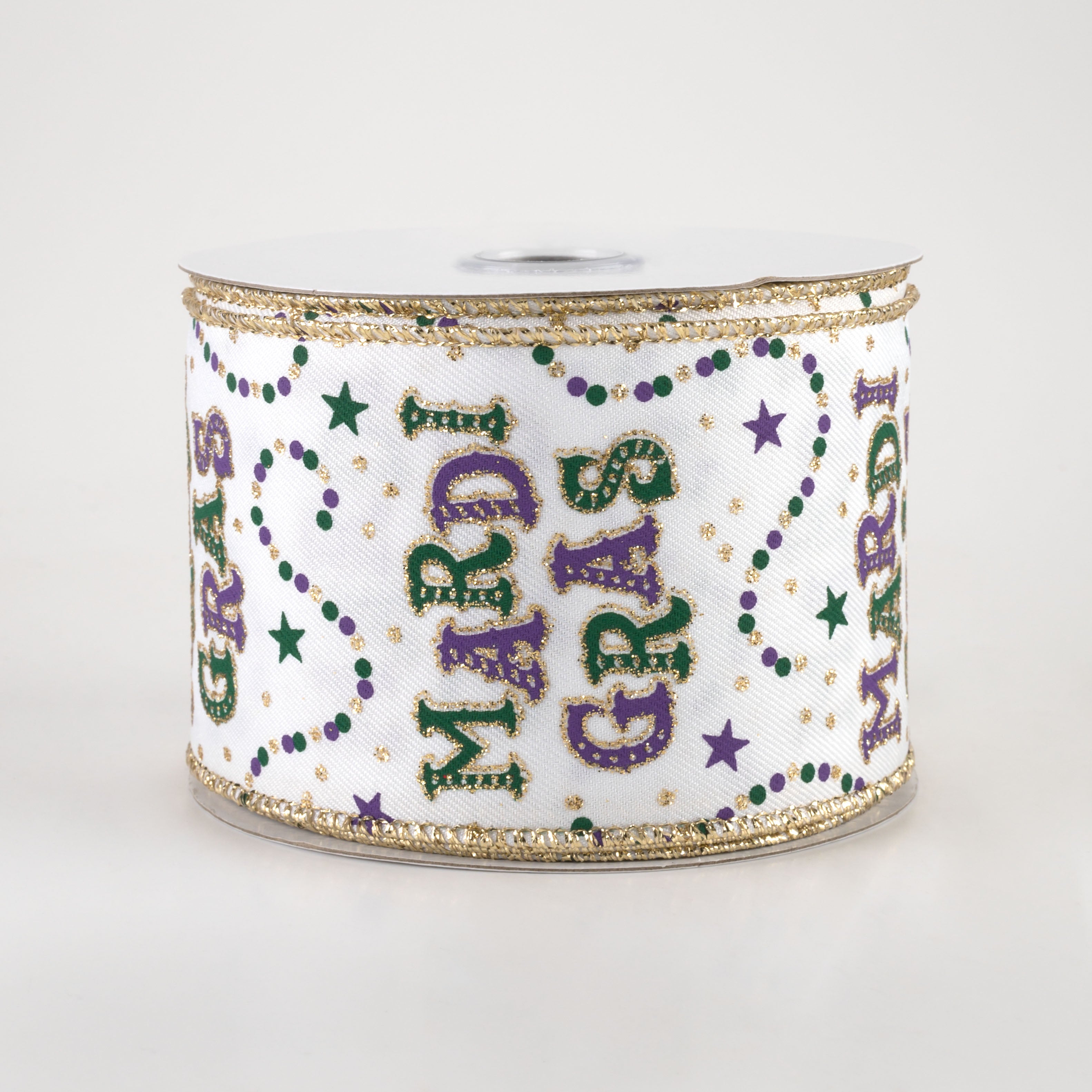 2.5" Mardi Gras With Beads Ribbon: White (10 Yards)