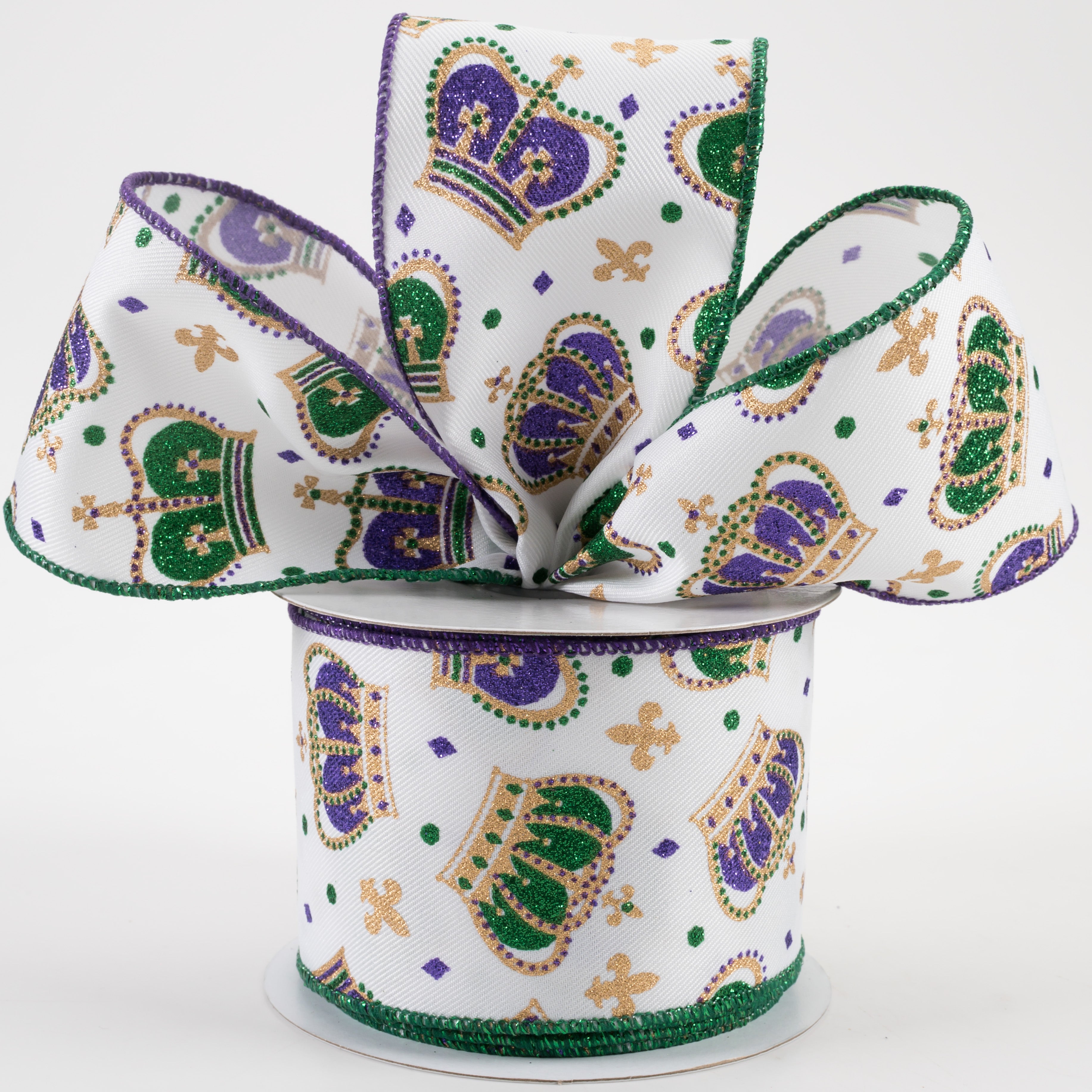2.5" Mardi Gras Crowns Ribbon: White (10 Yards) Lifestyle Photo
