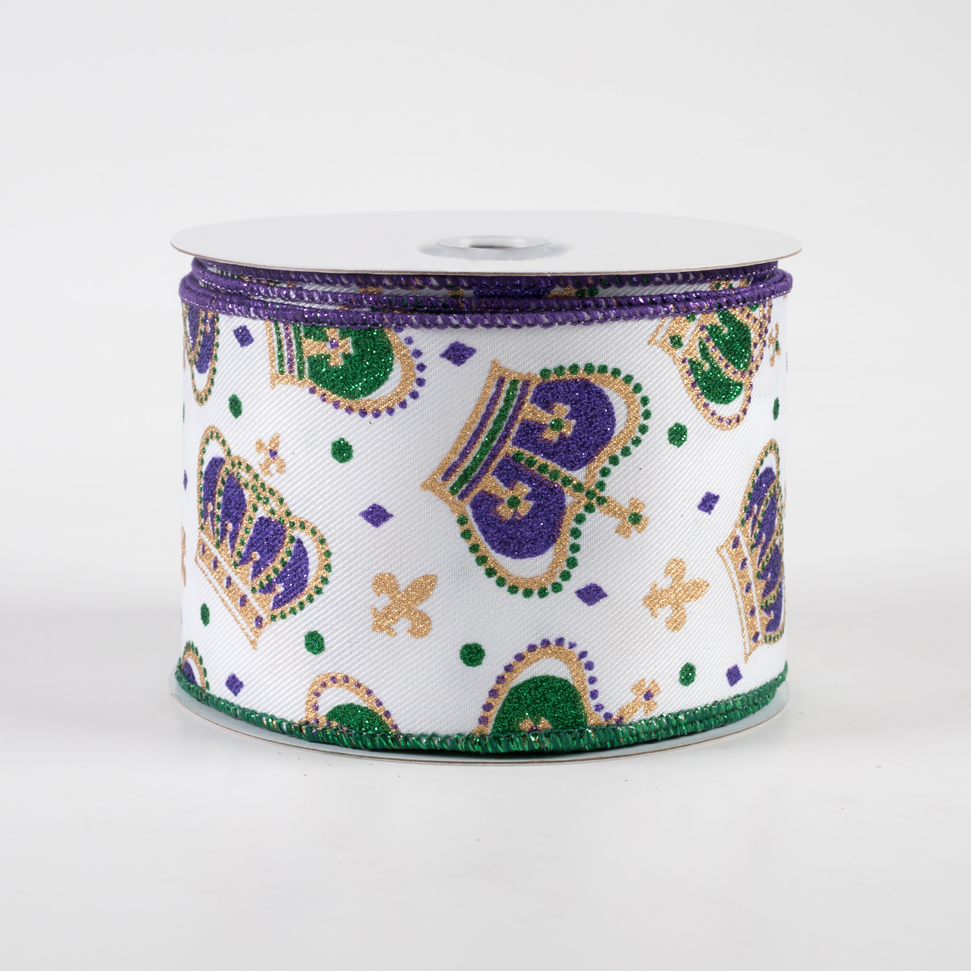 2.5" Mardi Gras Crowns Ribbon: White (10 Yards)