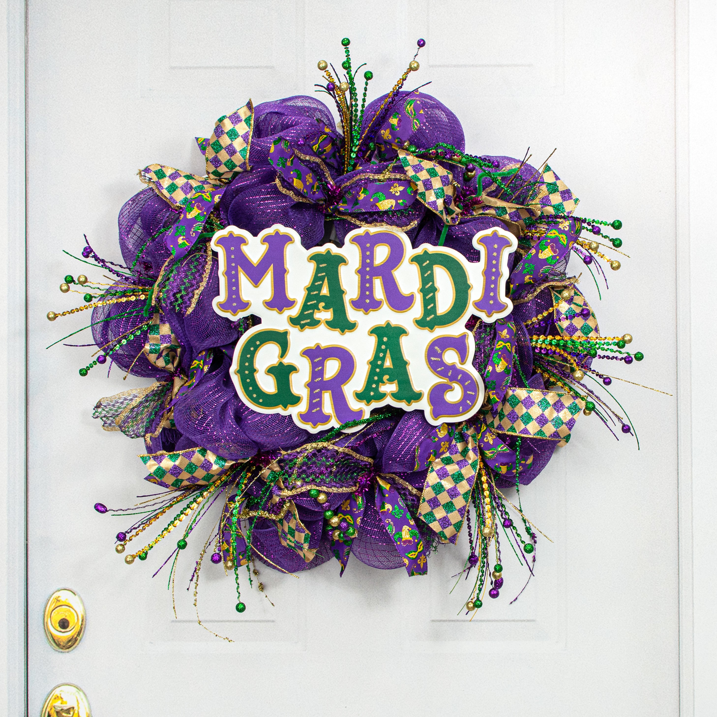 16" Mardi Gras Embossed Metal Hanger: White, Purple, Green, Gold Lifestyle Photo