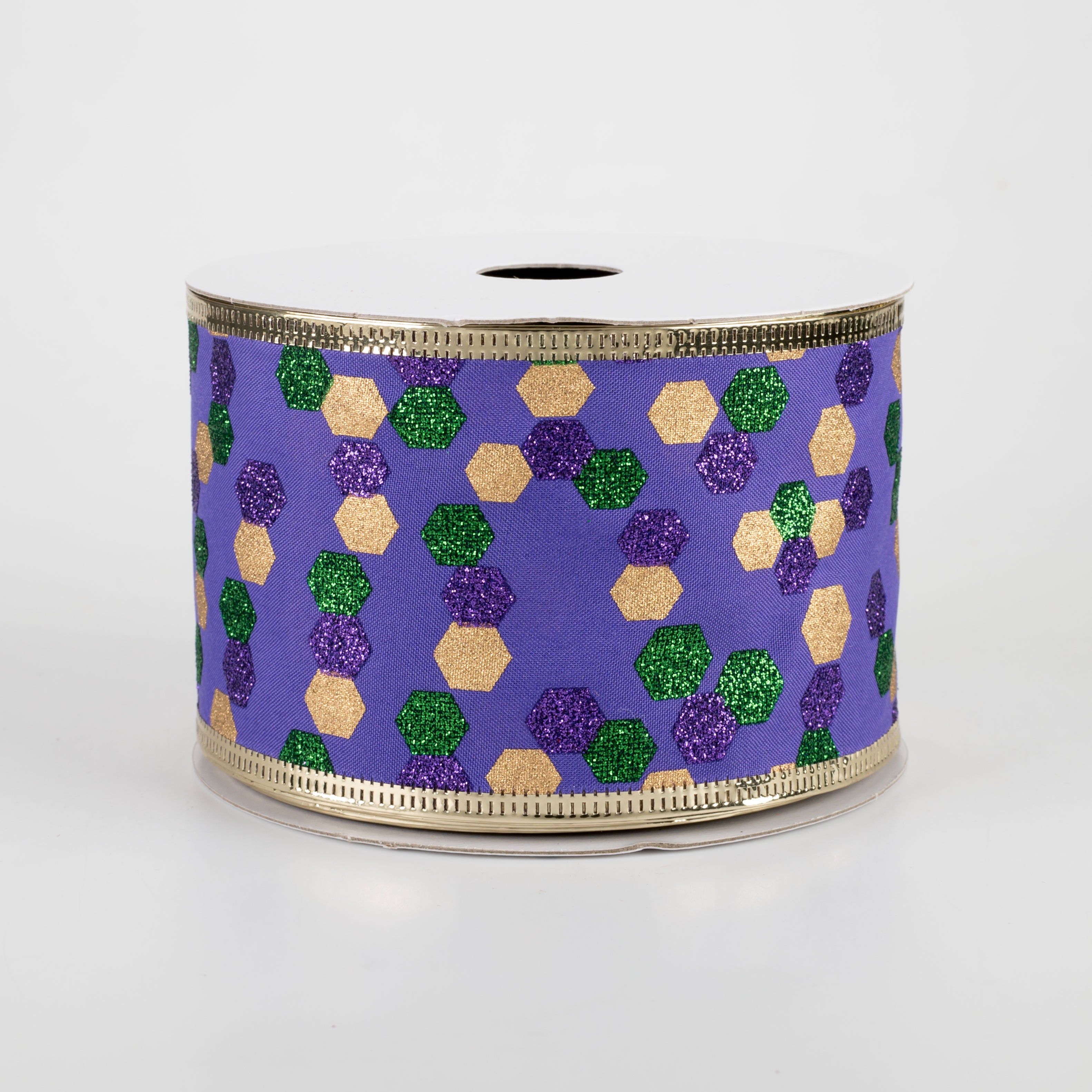 2.5" Mardi Gras Hexagons Metallic Edge Ribbon (10 Yards)