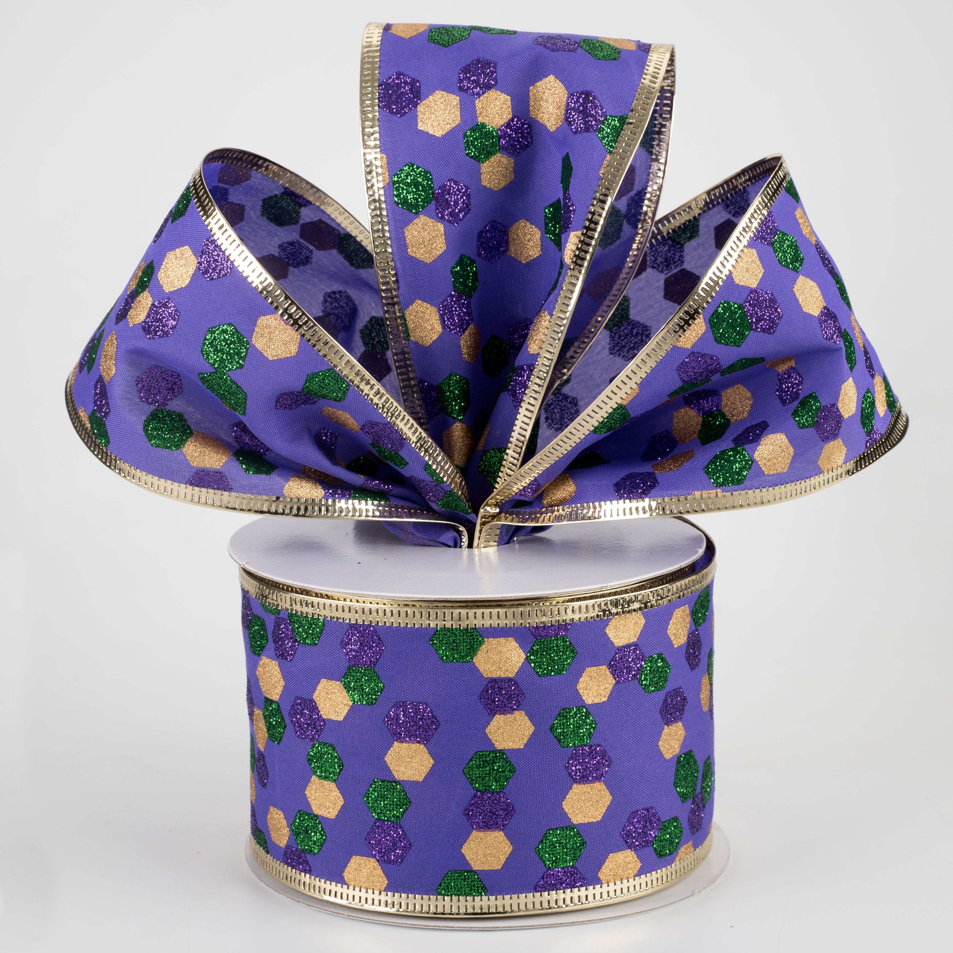 2.5" Mardi Gras Hexagons Metallic Edge Ribbon (10 Yards) Lifestyle Photo