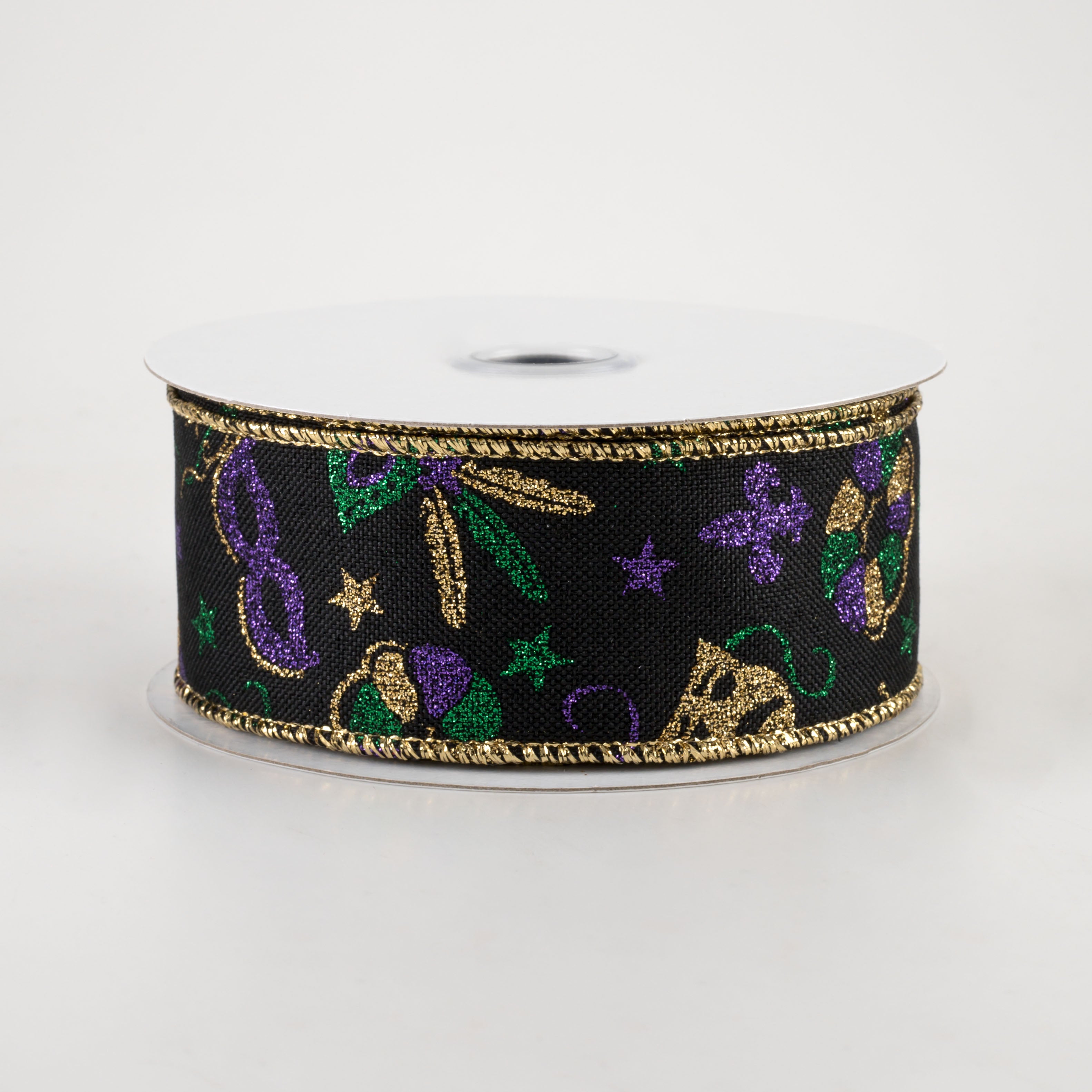 1.5" Mardi Gras Pattern Ribbon: Black (10 Yards)
