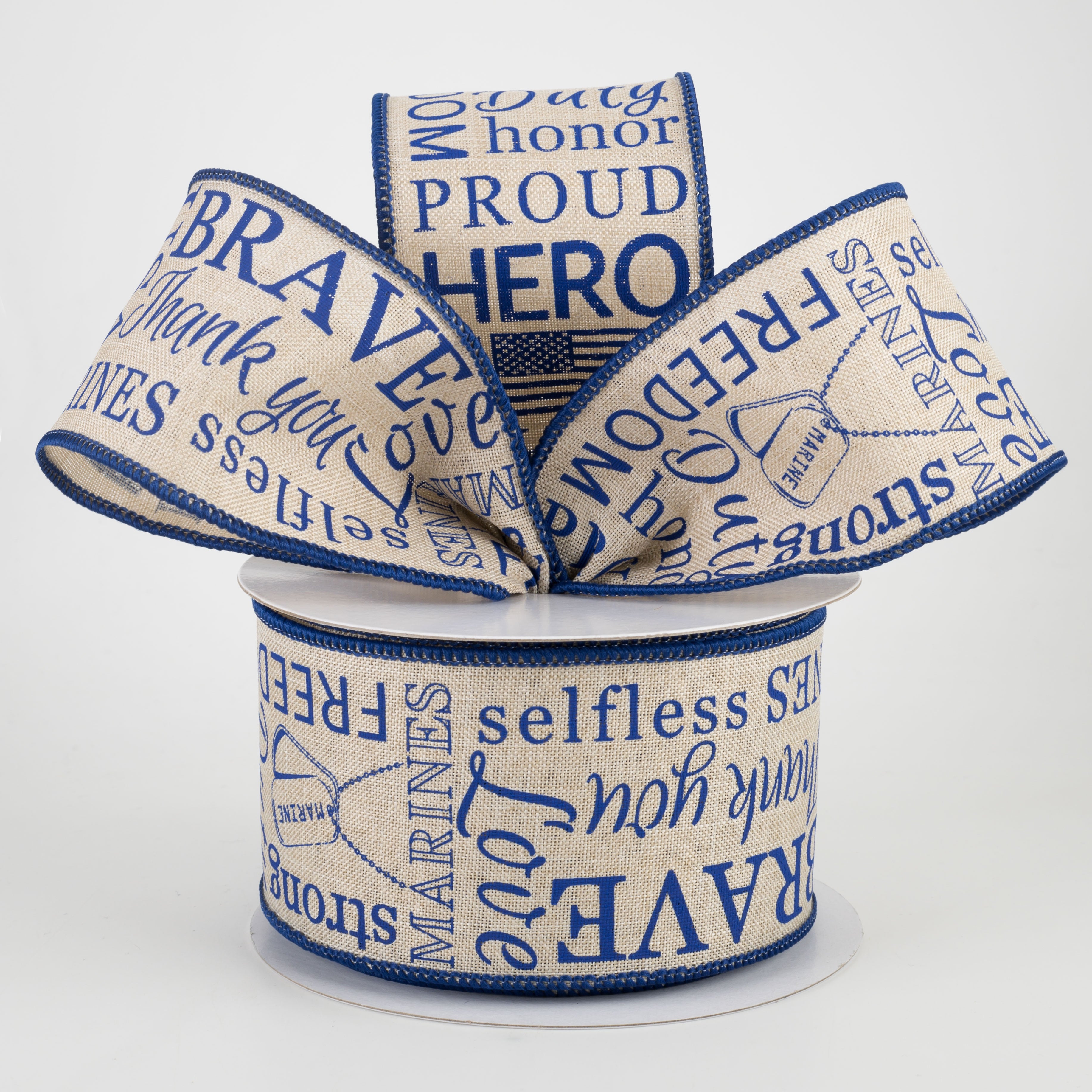 2.5" Marines Ribbon: Light Natural & Blue (10 Yards) Lifestyle Photo