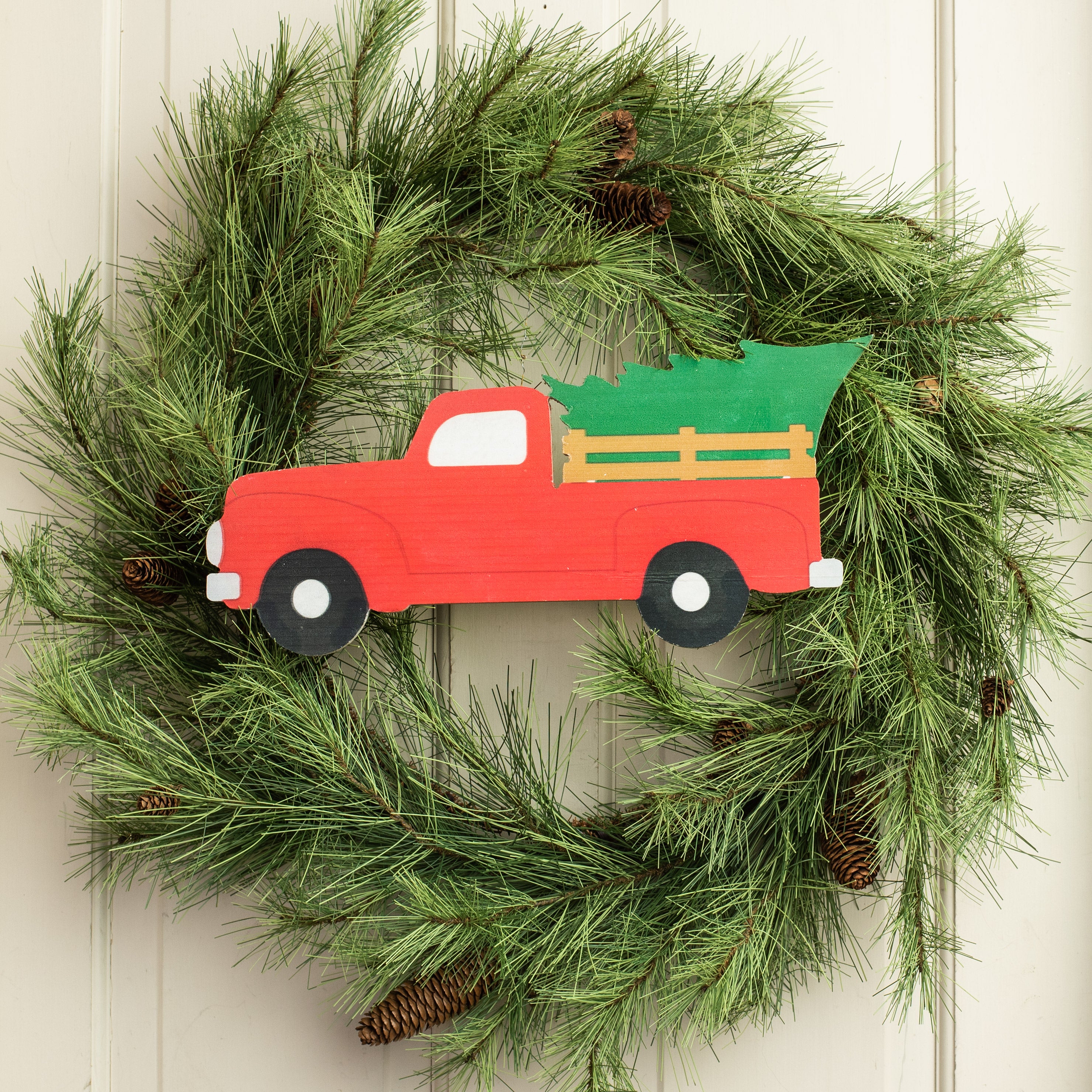 15" MDF Red Truck with Christmas Tree Lifestyle Photo
