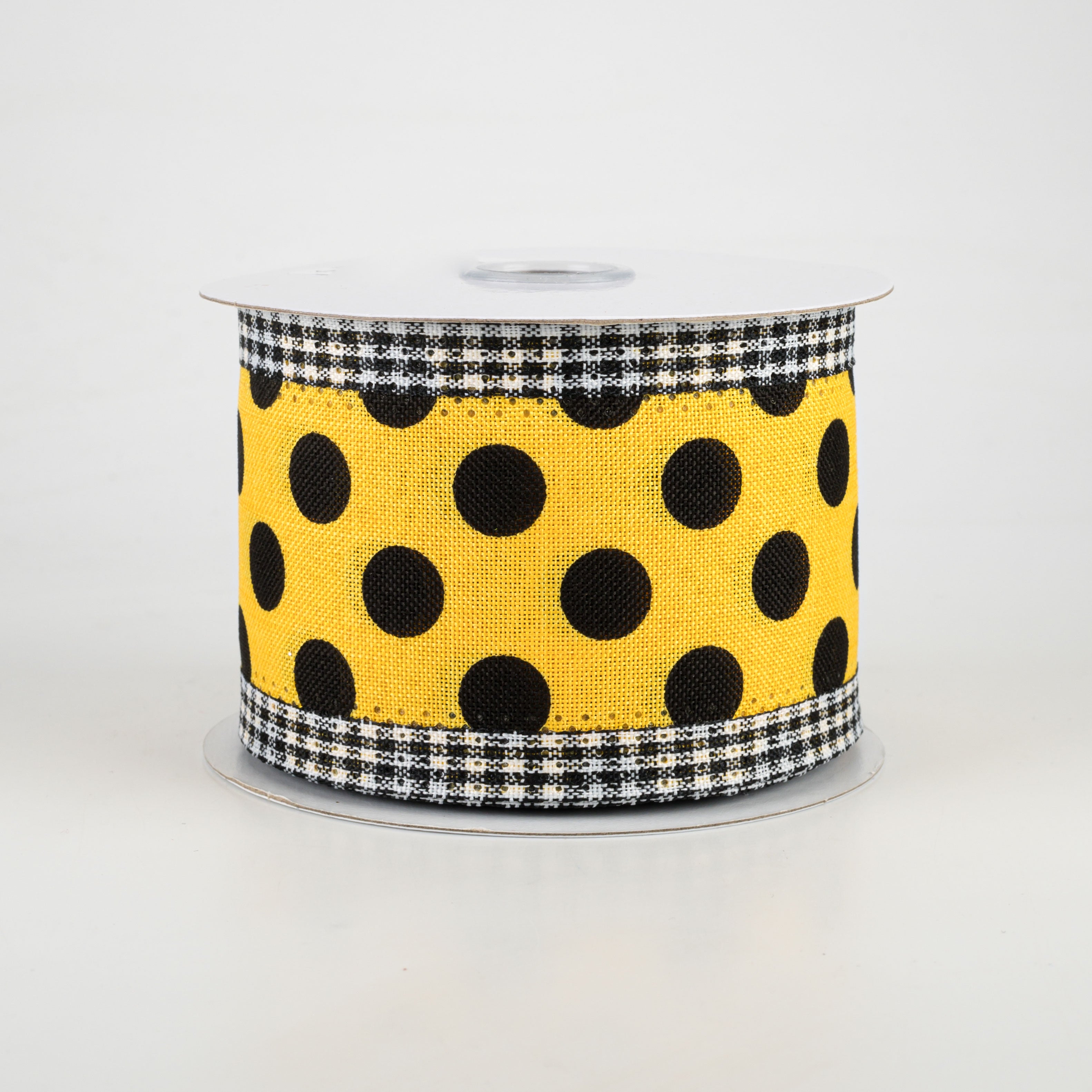 2.5" Medium Polka Dot Gingham Edge Ribbon: Yellow & Black (10 Yards)