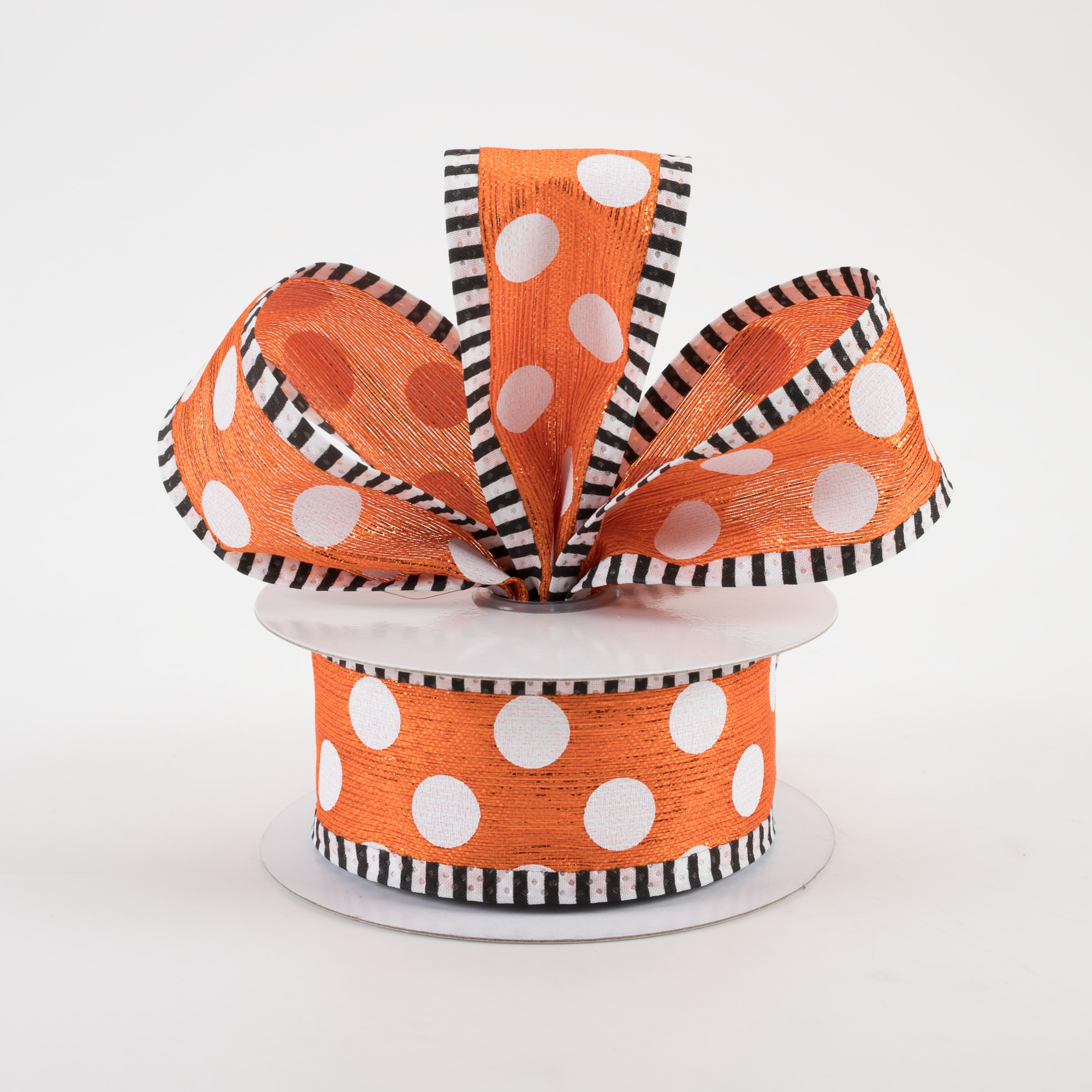 1.5" Medium Polka Dot Stripe Edge Ribbon: Orange & White (10 Yards) Lifestyle Photo