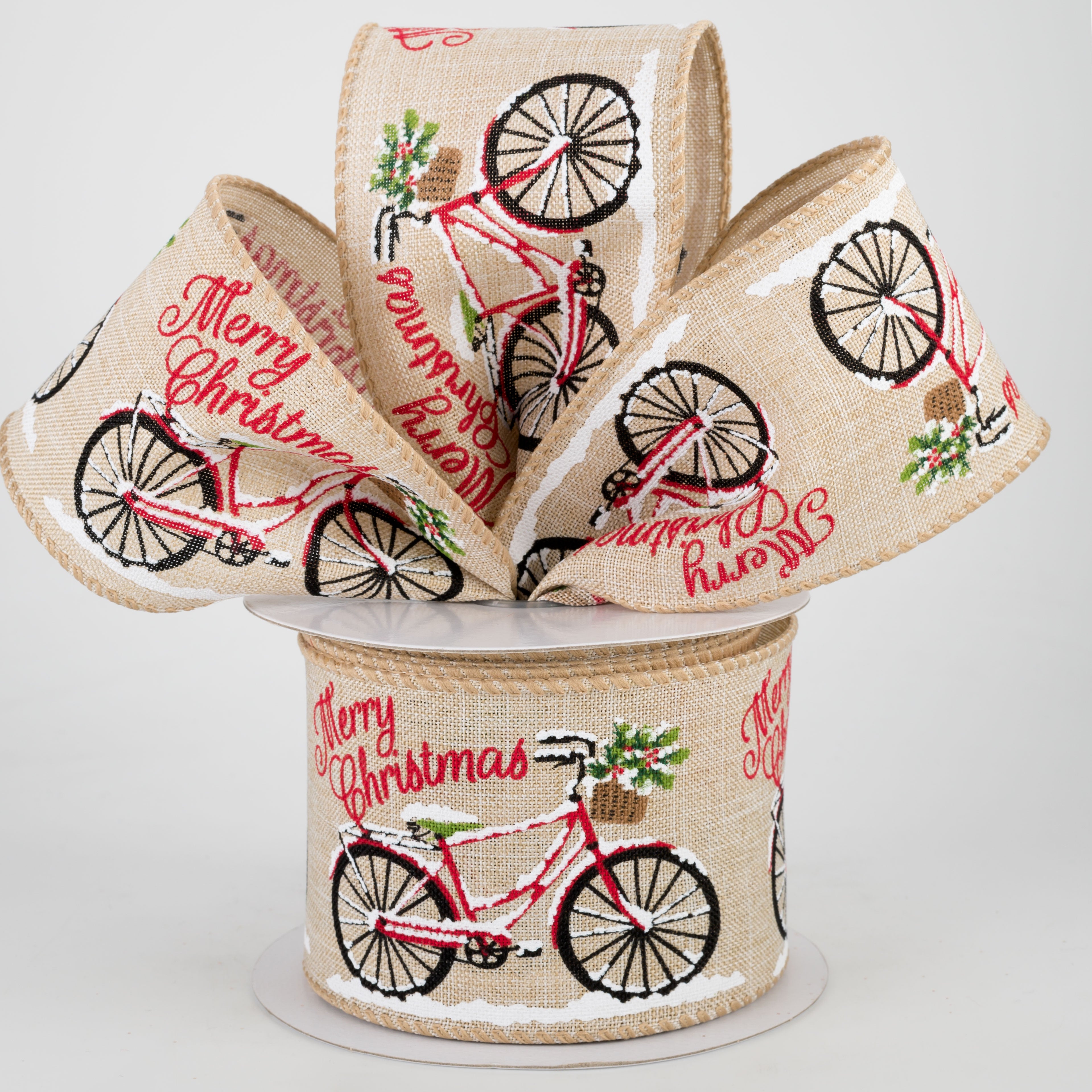 2.5" Merry Christmas Bicycle Ribbon (10 Yards) Lifestyle Photo