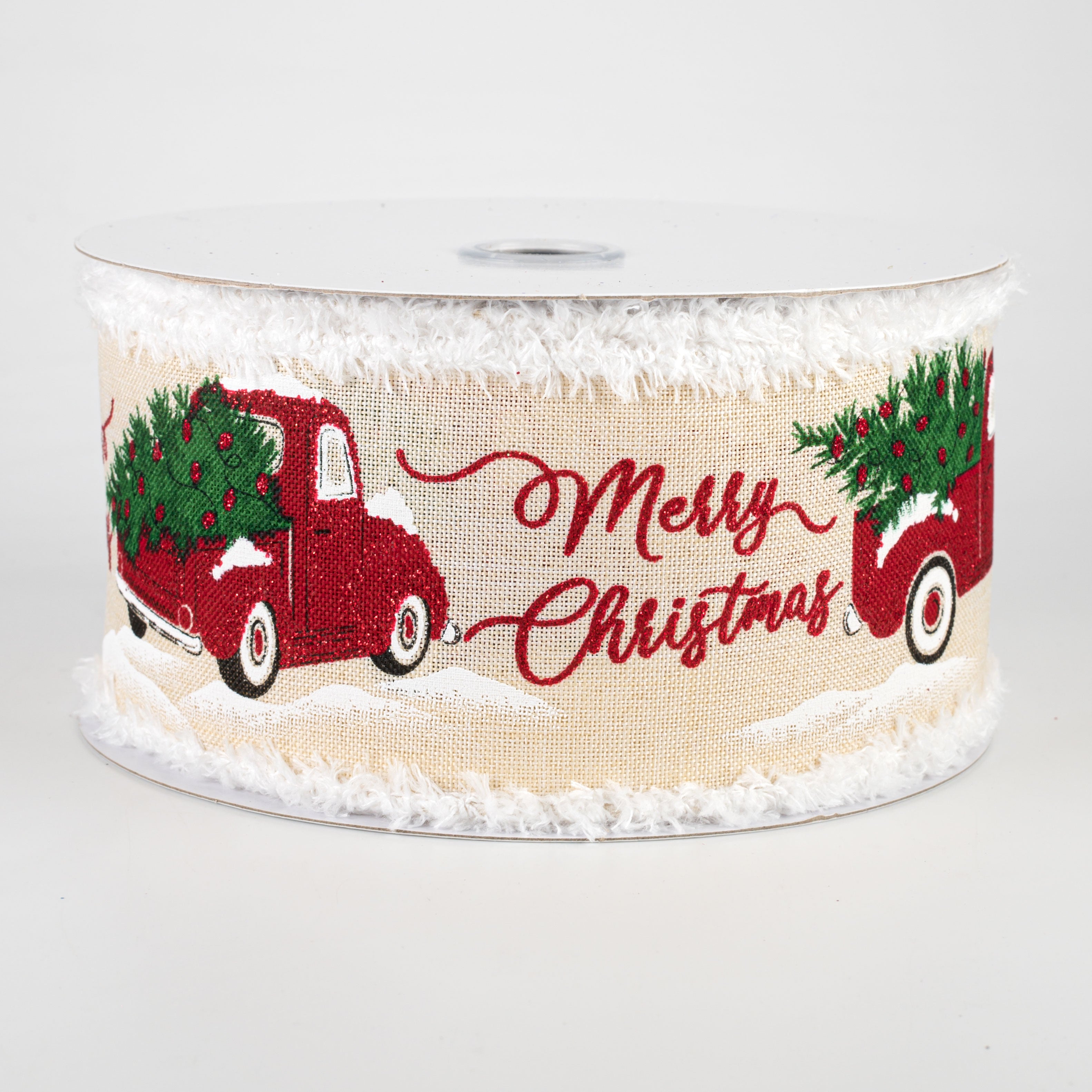 2.5" Merry Christmas Truck Fuzzy Edge Ribbon: Cream (10 Yards)