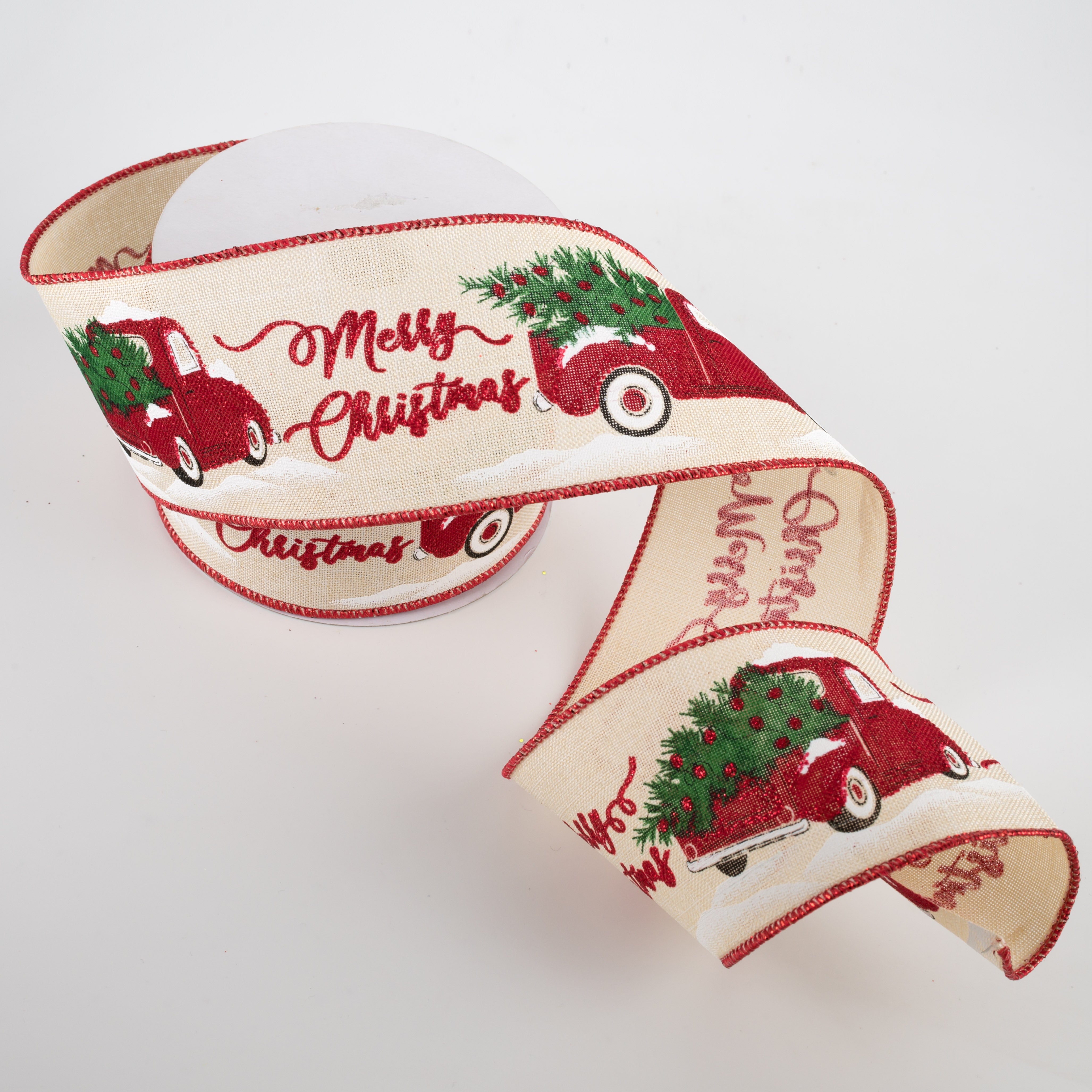 2.5" Merry Christmas With Truck Ribbon: Cream (10 Yards) Lifestyle Photo