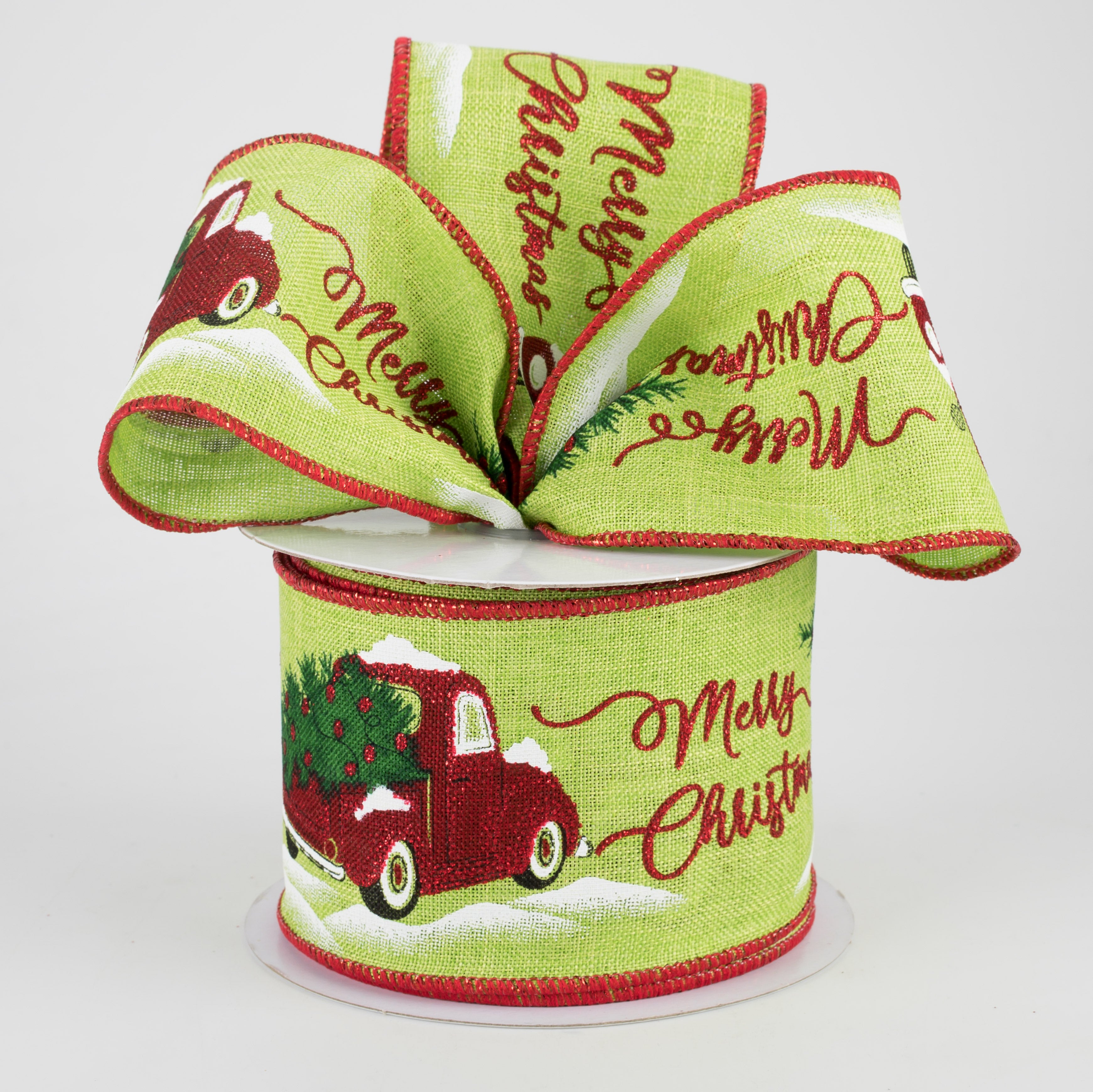 2.5" Merry Christmas With Truck Ribbon: Lime Green (10 Yards) Lifestyle Photo