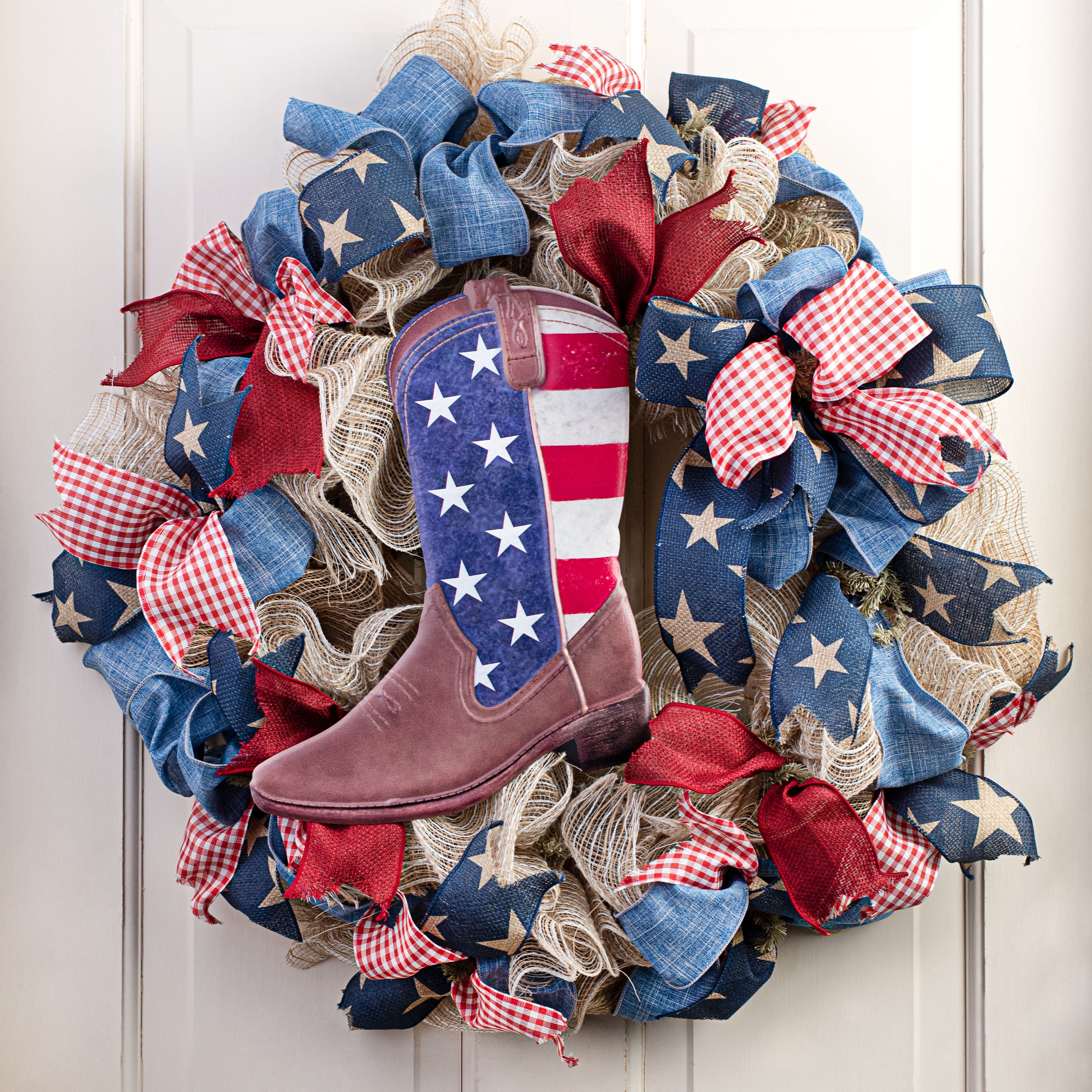 12.5" Metal Embossed Hanger: American Flag Cowboy Boot Lifestyle Photo