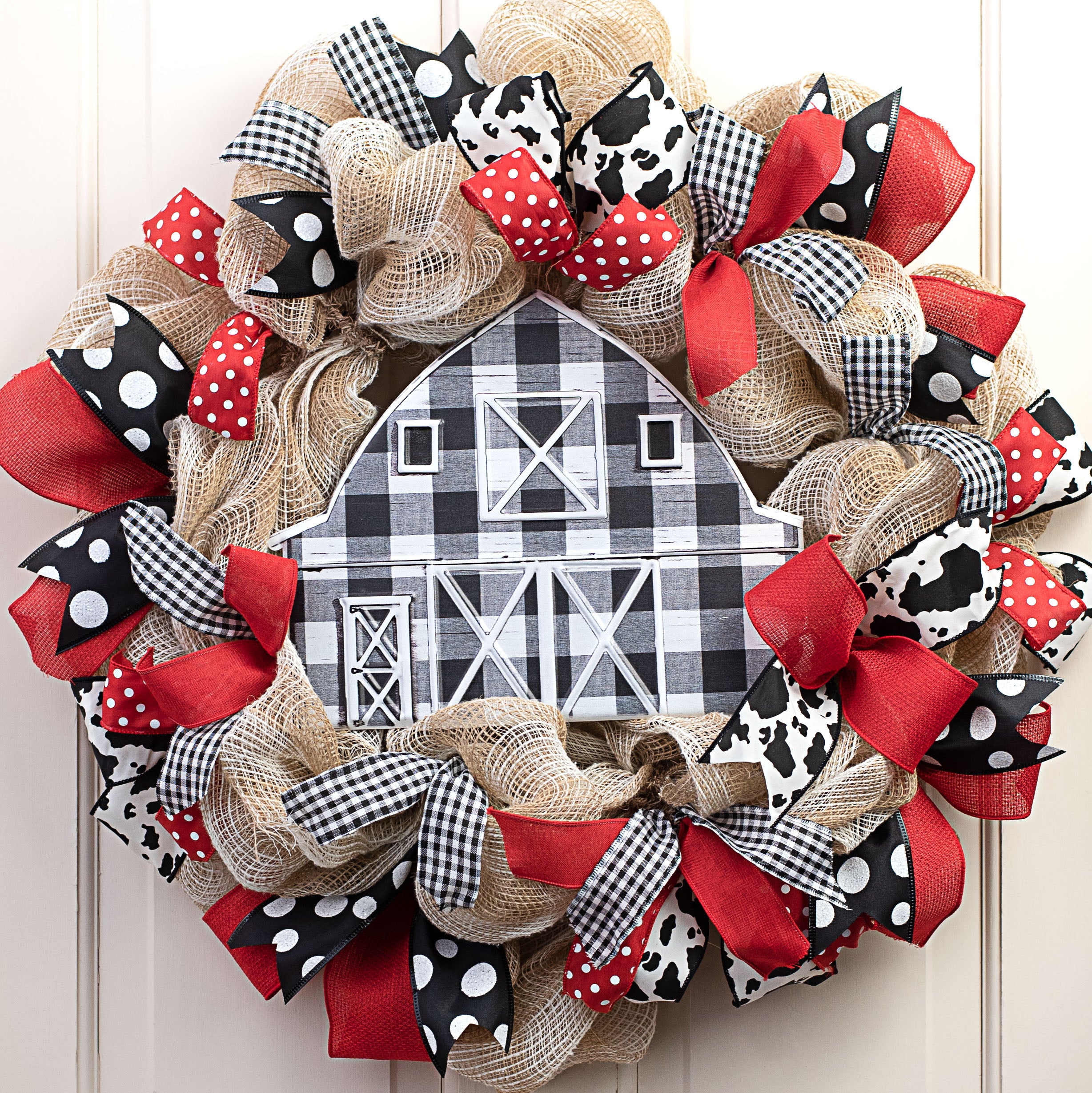 12" Metal Embossed Hanger: Black & White Buffalo Plaid Barn Lifestyle Photo