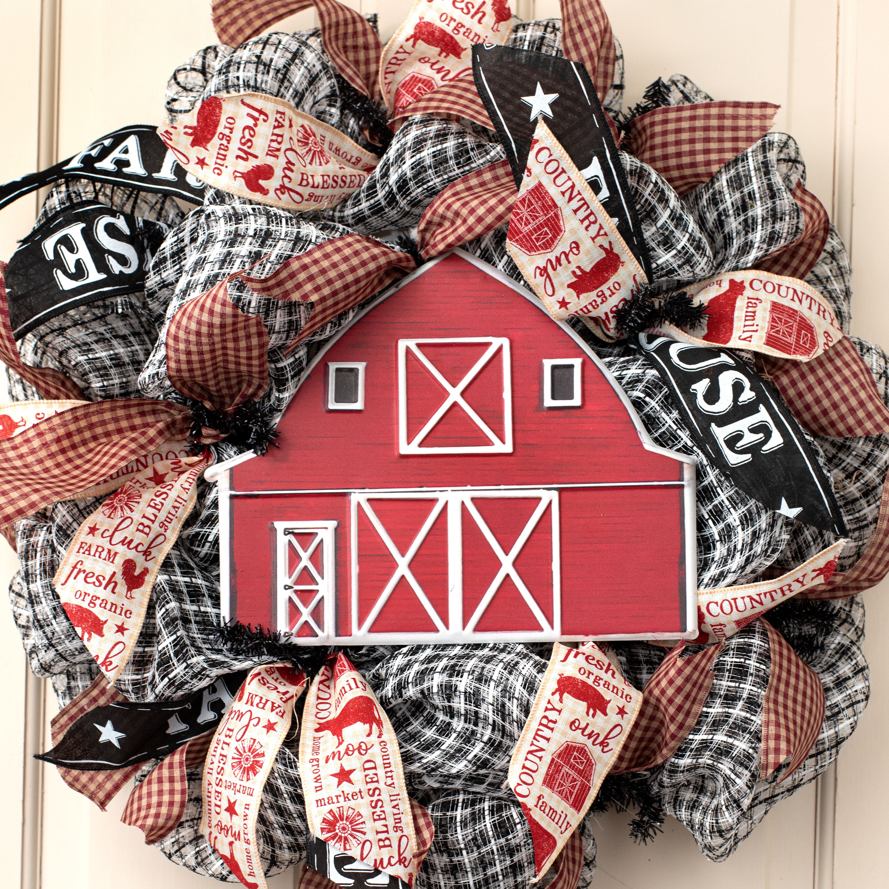 12" Metal Embossed Hanger: Dark Red Barn Lifestyle Photo