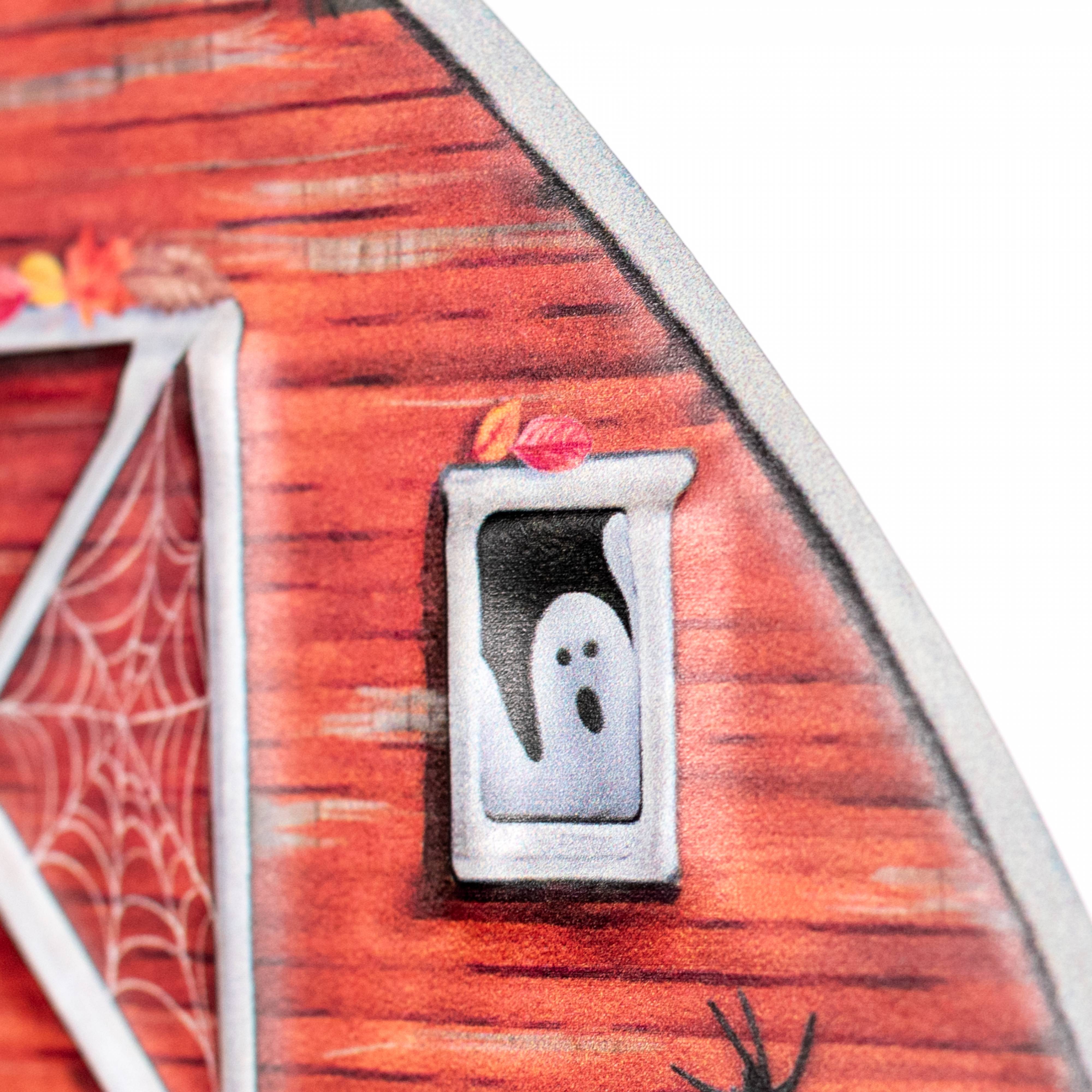 12" Metal Embossed Hanger: Haunted Halloween Barn detail photo 4
