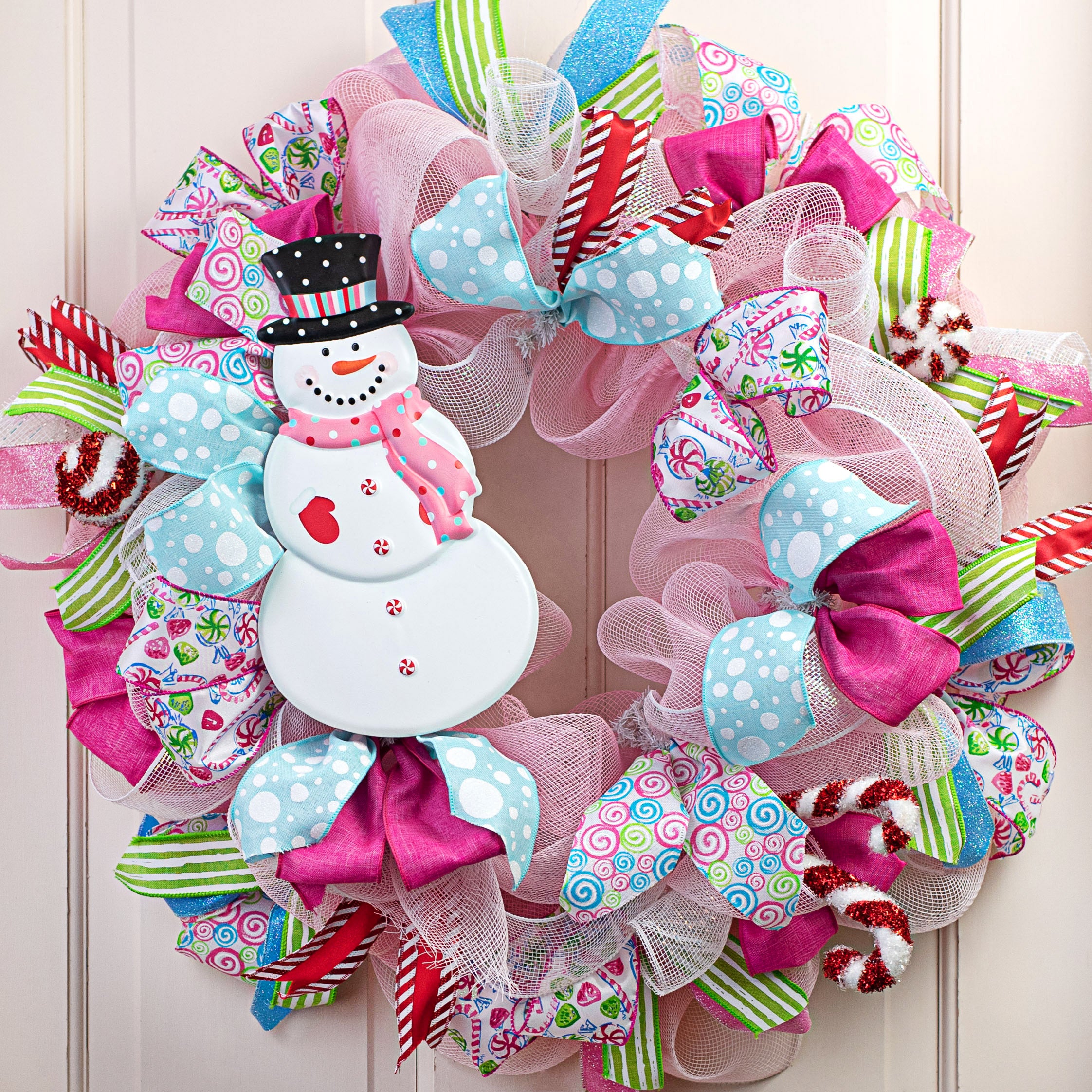 12" Metal Embossed Hanger: Pink Scarf Snowman Lifestyle Photo