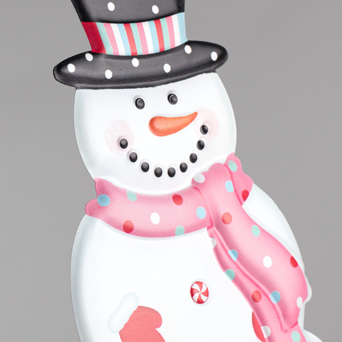 12" Metal Embossed Hanger: Pink Scarf Snowman detail photo 3