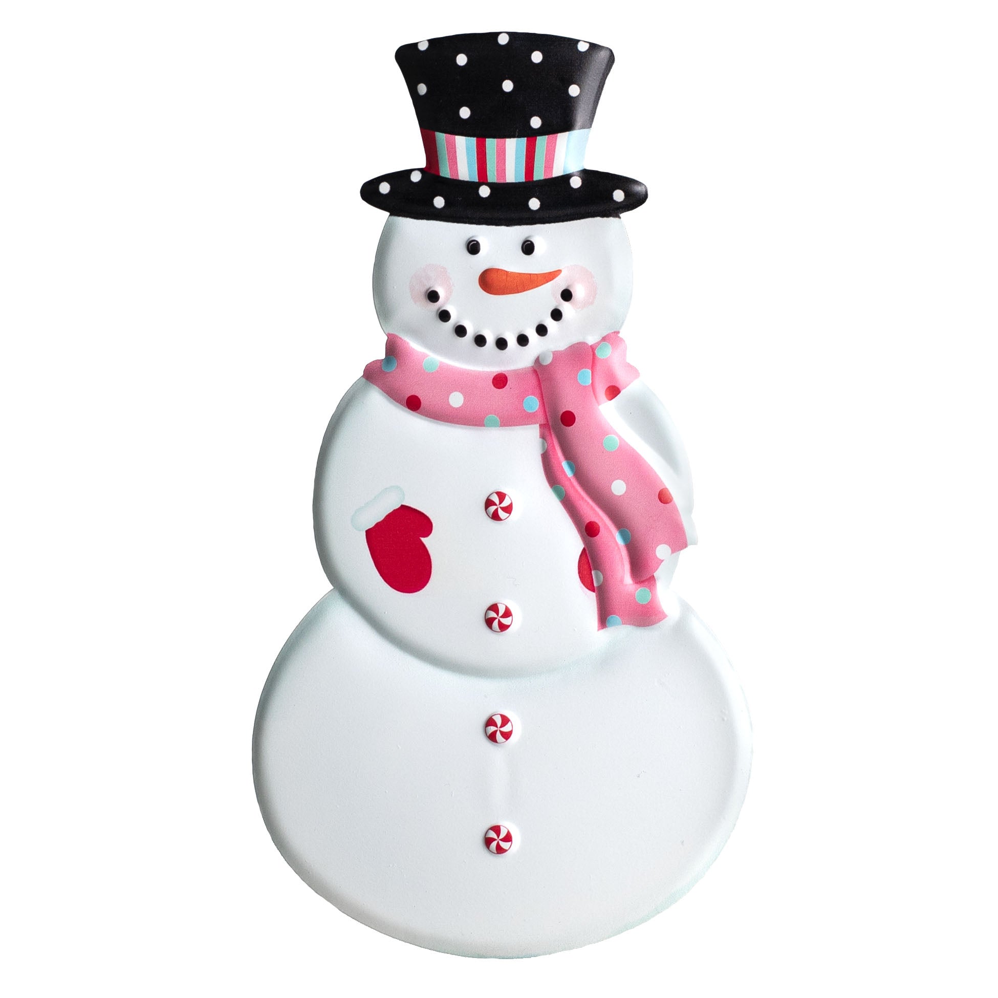 12" Metal Embossed Hanger: Pink Scarf Snowman Item Number: MD0725