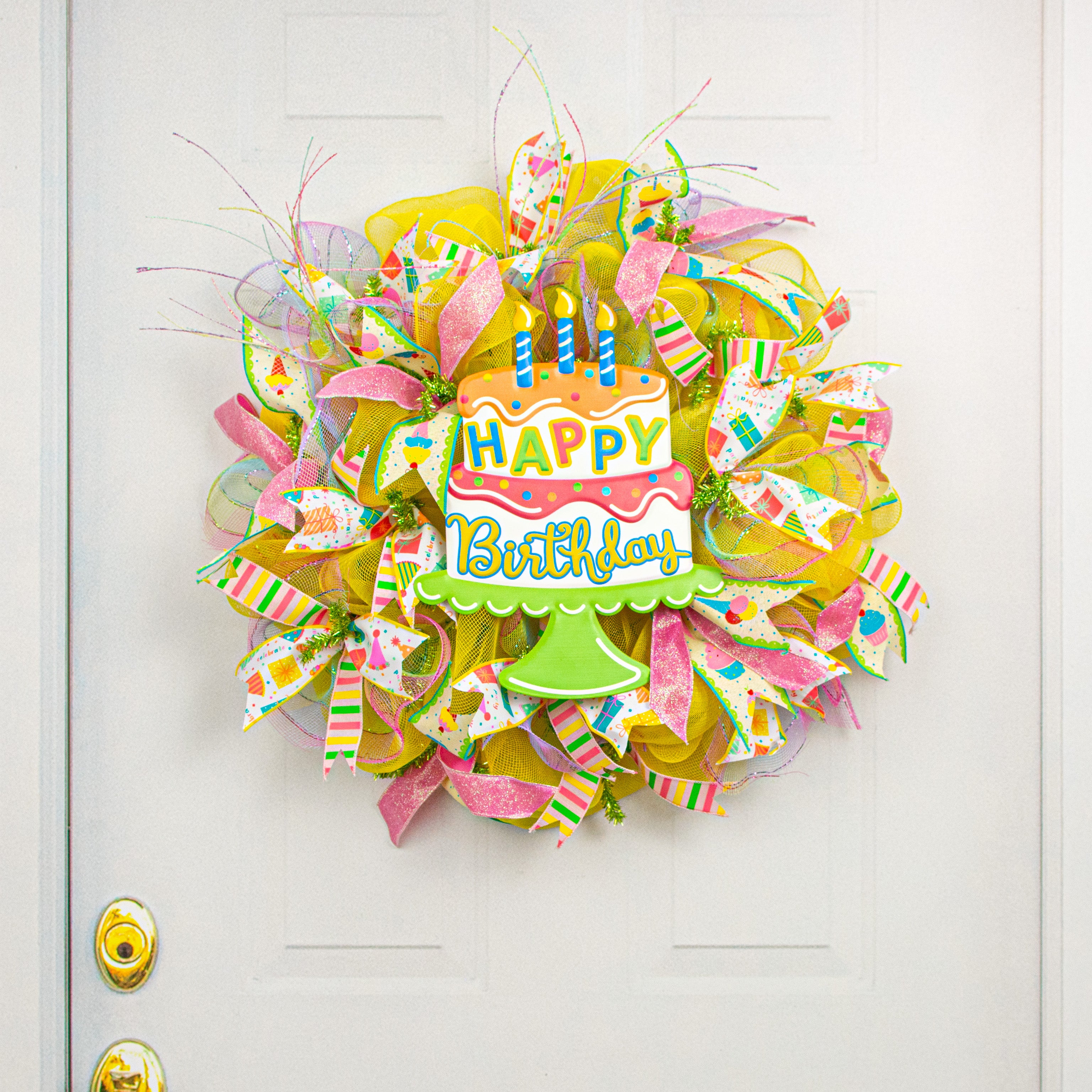 14.5" Metal Embossed Happy Birthday Cake Sign: Blue, Lime, Red Lifestyle Photo