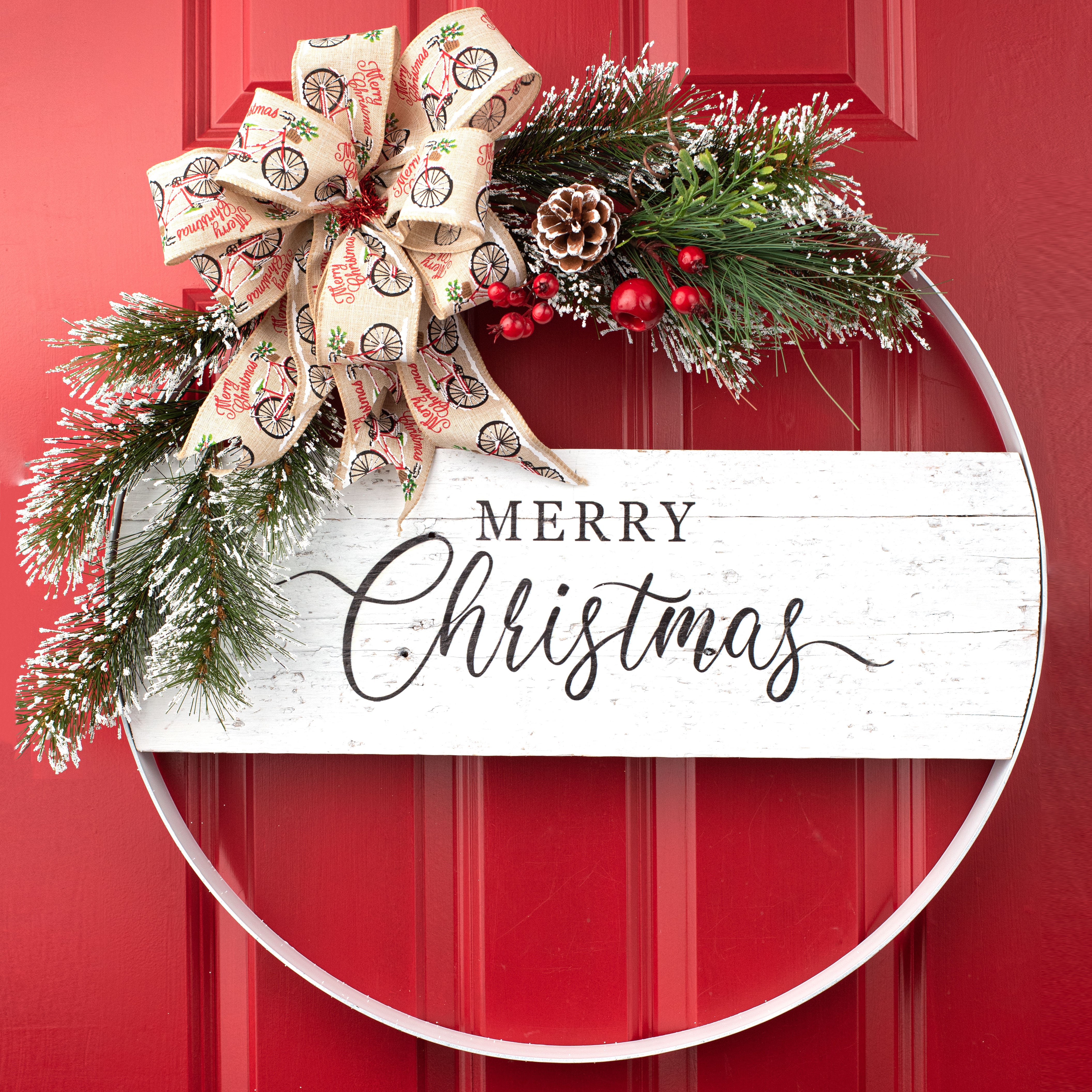 24" Metal Hoop Ring Sign: Whitewash Merry Christmas Lifestyle Photo