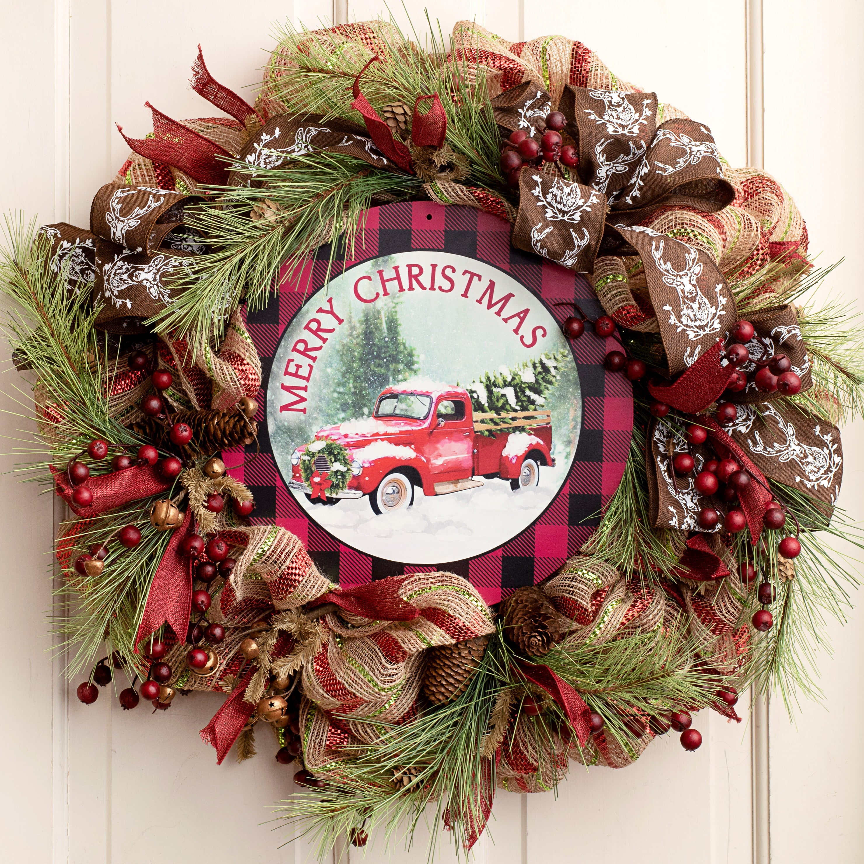 12" Metal Sign: Buffalo Plaid Merry Christmas Truck Lifestyle Photo
