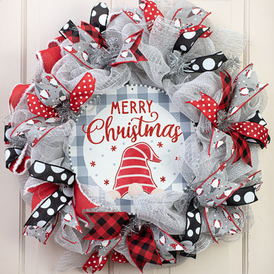 12" Metal Sign: Christmas Gnome Cool Grey Check Lifestyle Photo